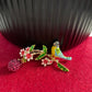 Pink flowers tree blue bird gold pin brooch