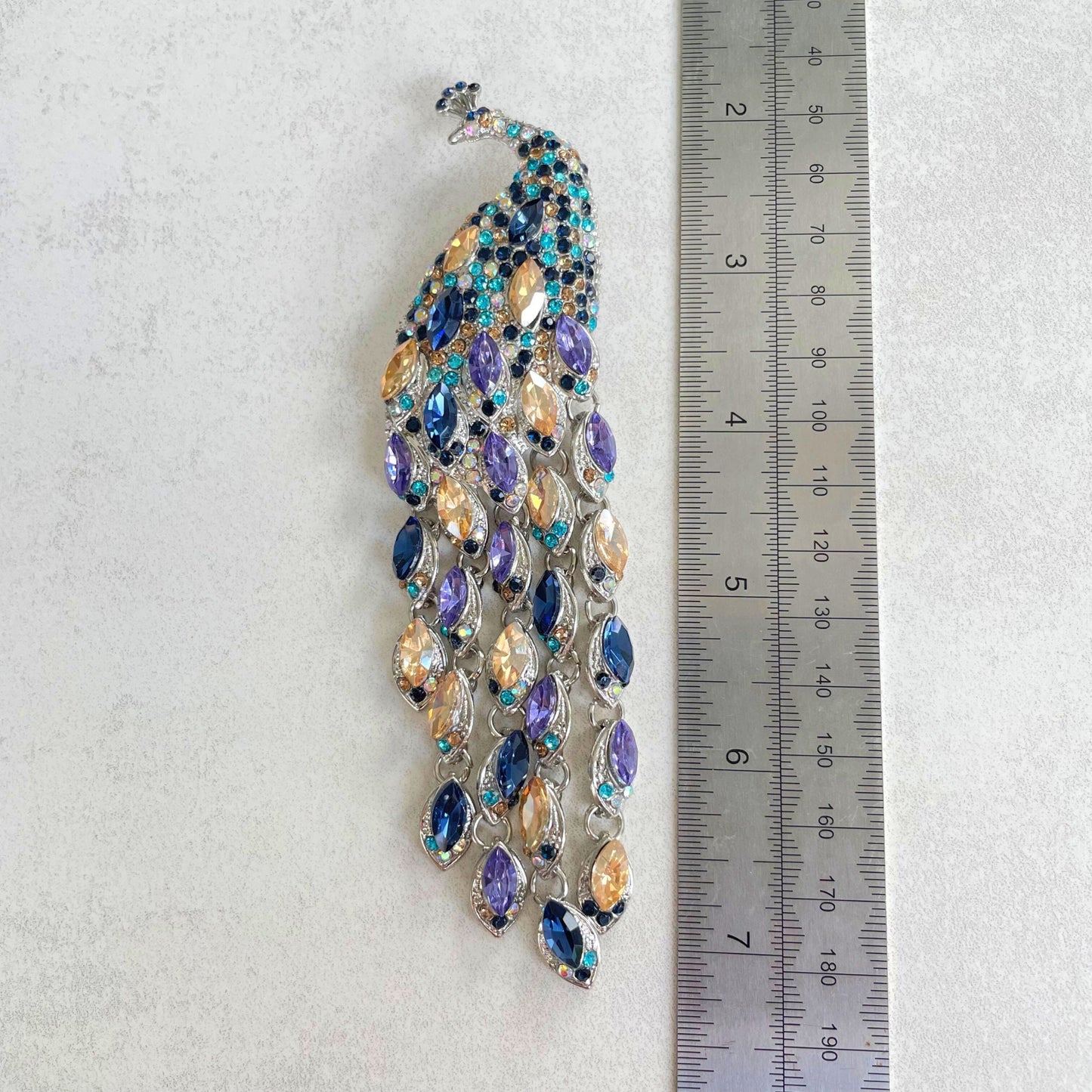 Statement colourful rhinestone peacock silver pin brooch