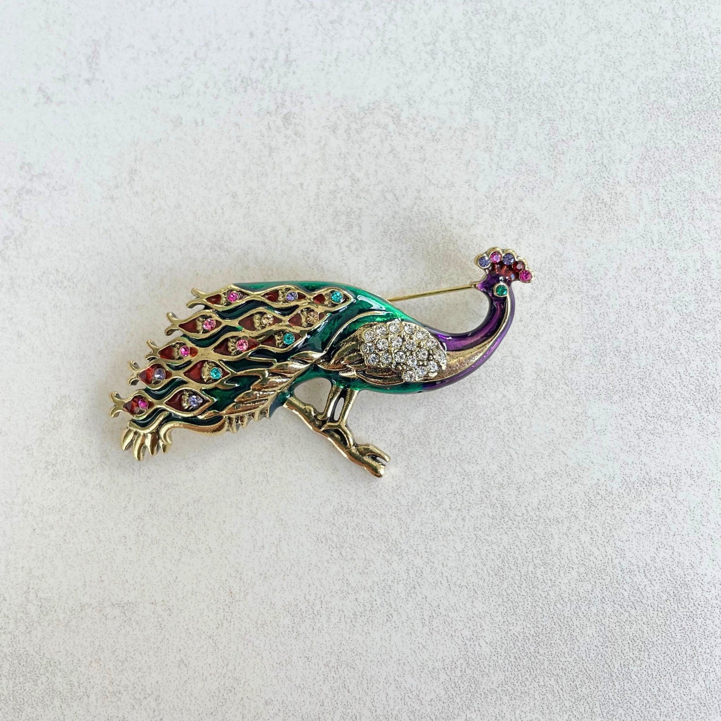 Statement colourful rhinestone peacock gold pin brooch