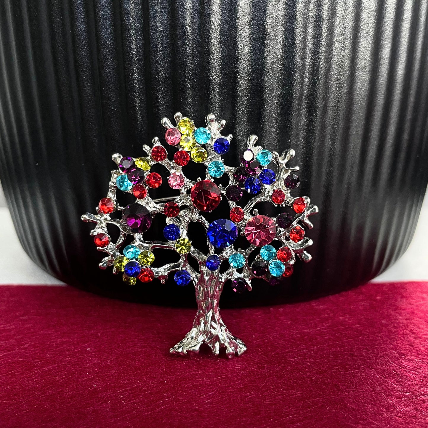 Colourful rhinestone tree of life silver pin brooch pendent