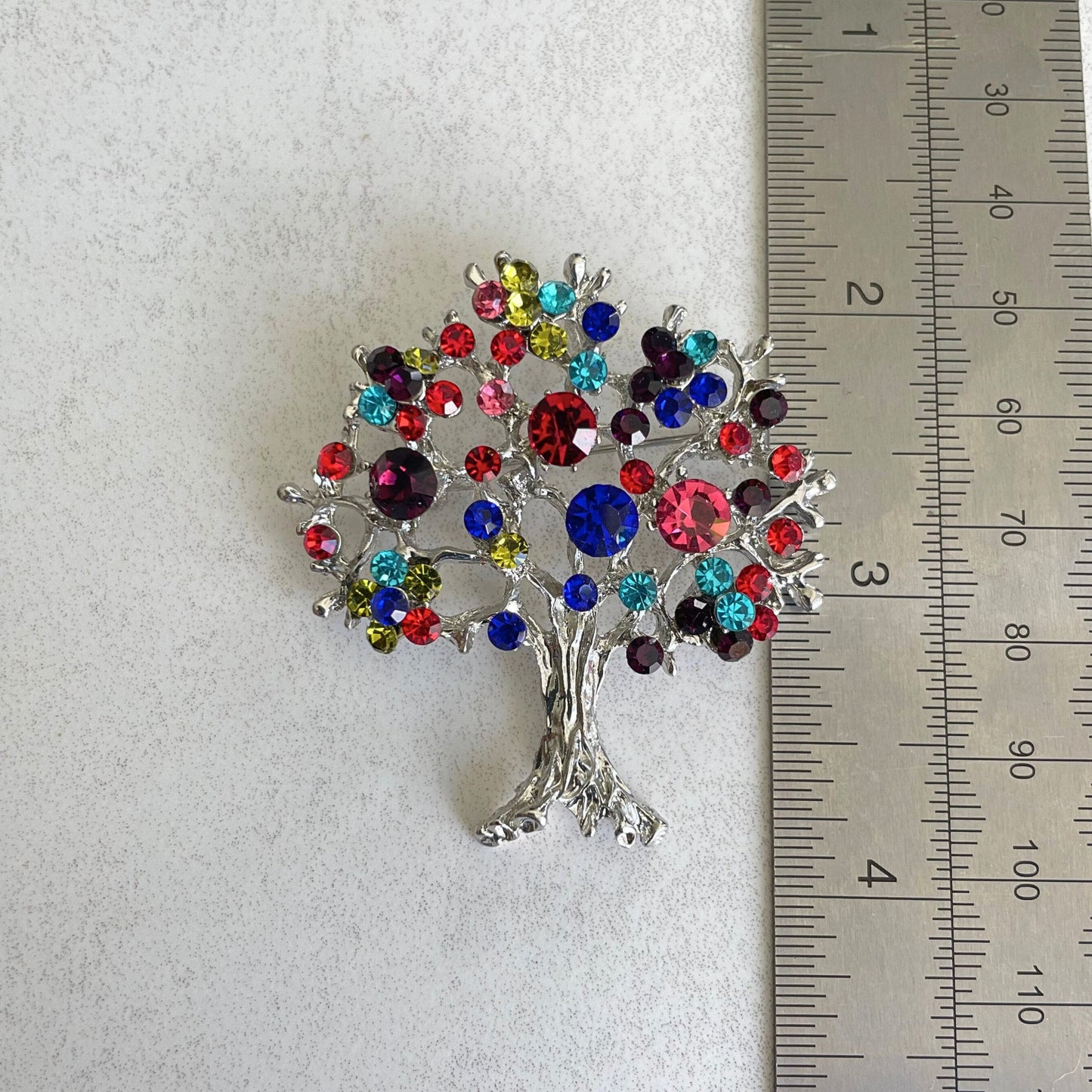 Colourful rhinestone tree of life silver pin brooch pendent