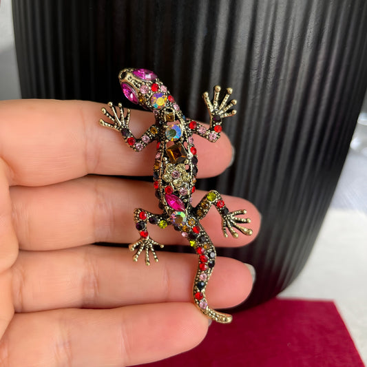 Multicolour small lizard crystal gold pin brooch