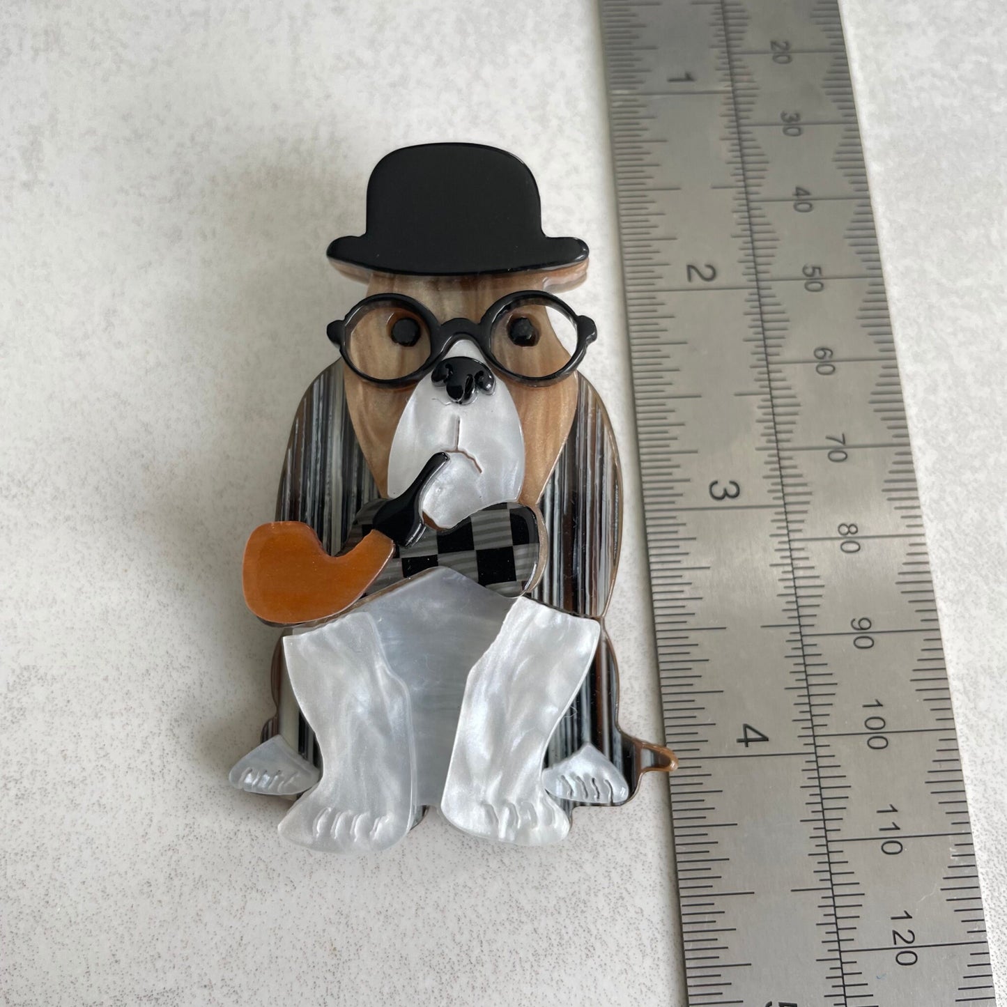 Art Deco dog detective acrylic pin brooch • Quirky dog brooch • Elegant playful unusual animal brooch • Cartoon dog animal brooch • Mum Gift