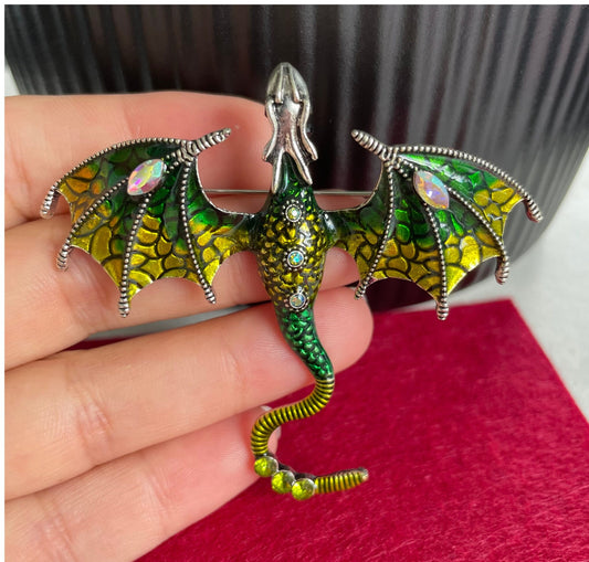 Green enamel dragon silver pin brooch • Retro fantasy-inspired animal purple brooch • Statement mythological creature brooch • Gift for her