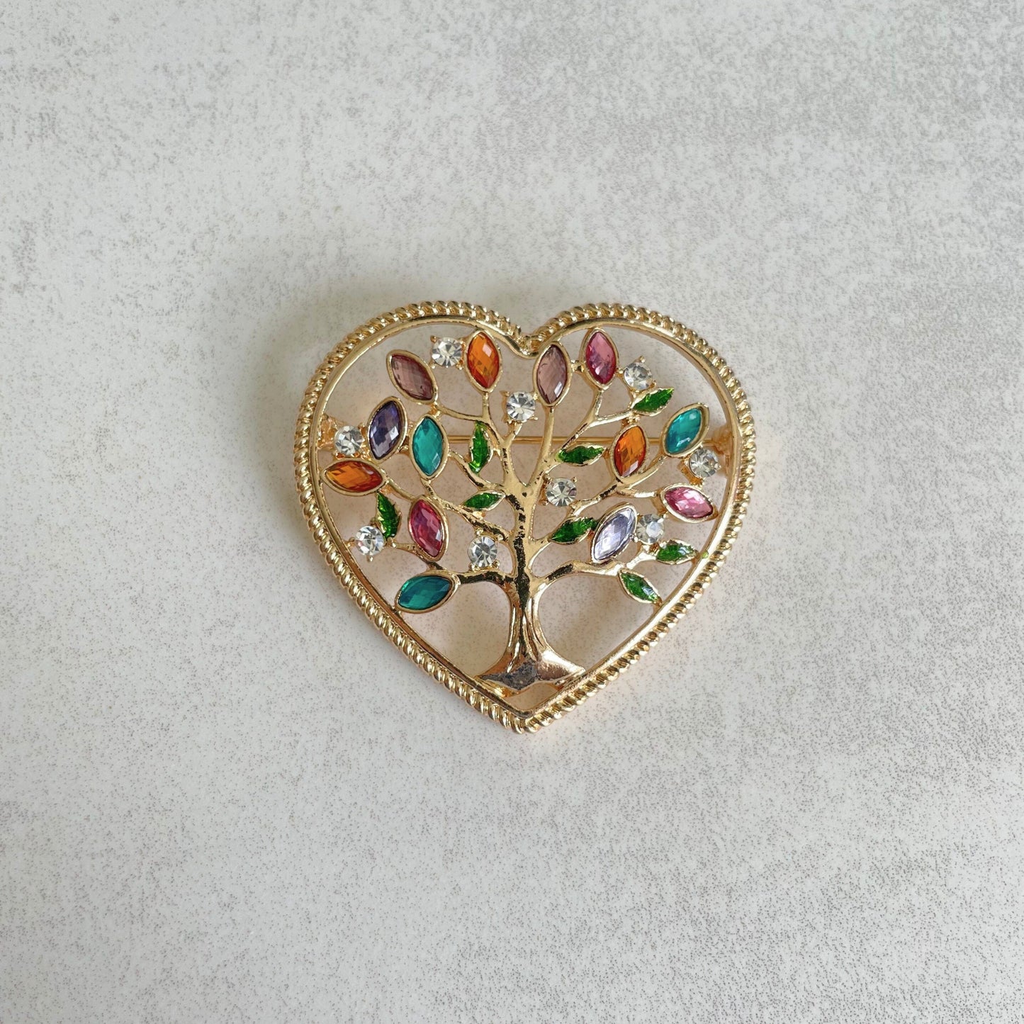 Colourful rhinestone tree of life heart pin brooch pendent