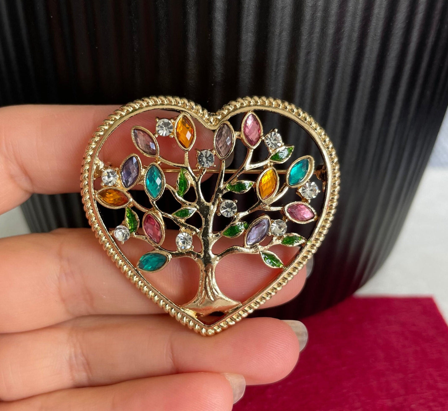 Colourful rhinestone tree of life heart pin brooch pendent