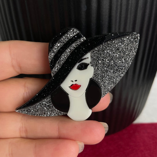 Art Deco lady with large glitter hat acrylic pin brooch