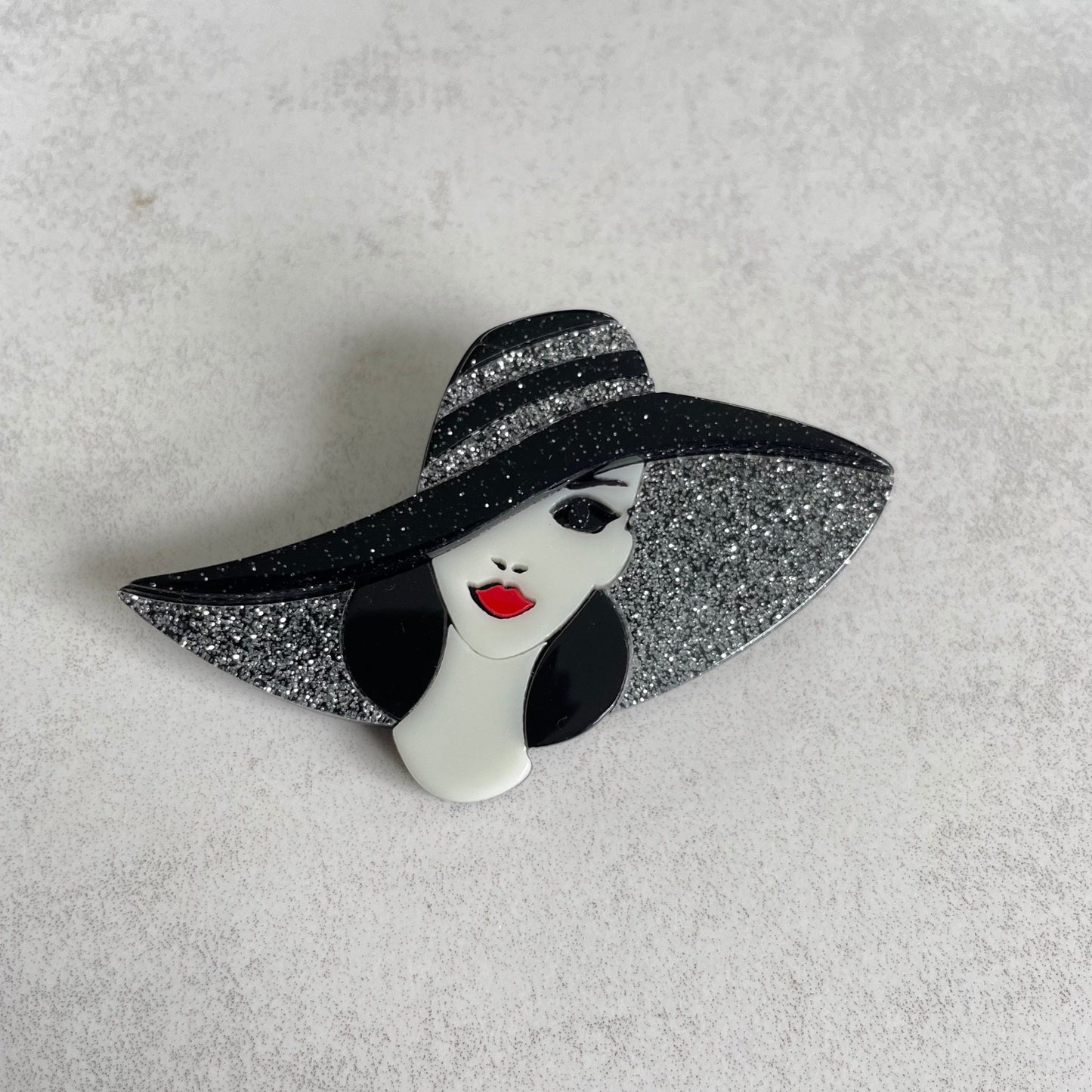 Art Deco lady with large glitter hat acrylic pin brooch