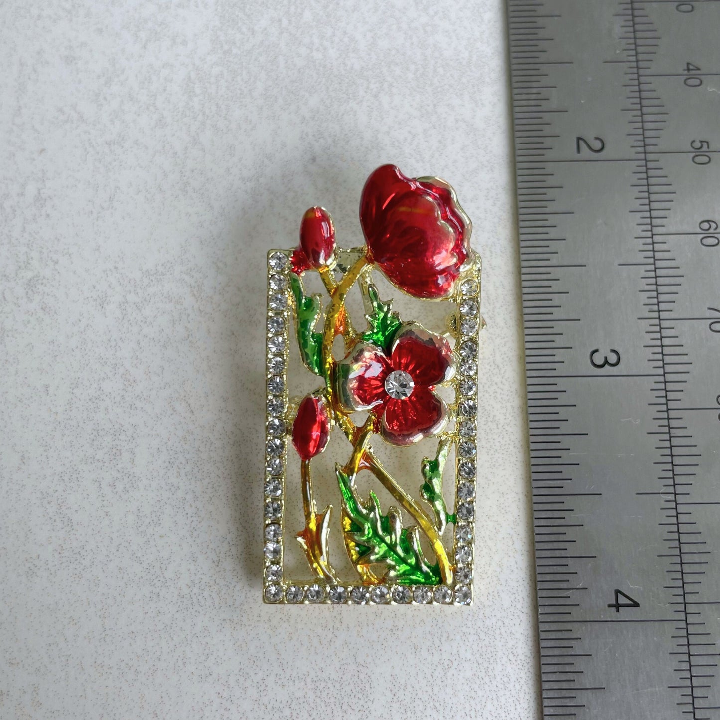 Red poppy flower picture frame gold pin brooch pendent