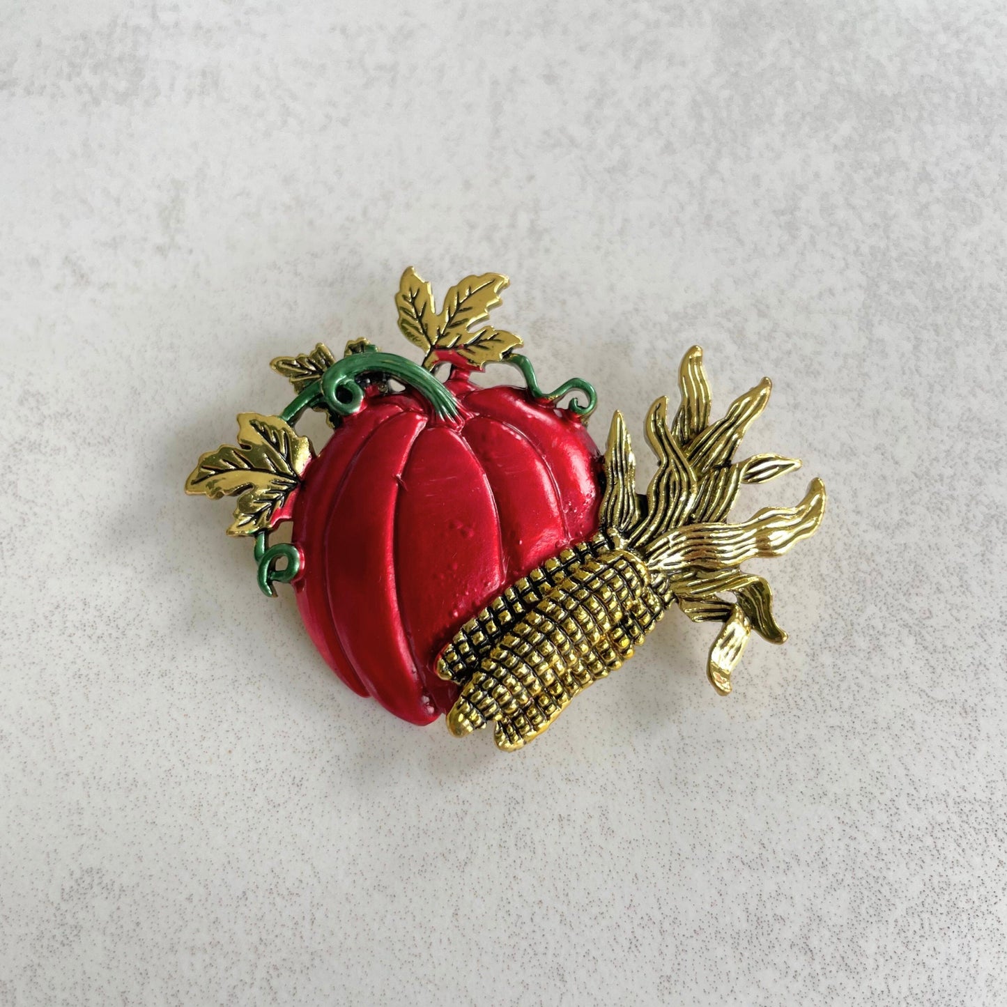 Dainty red enamel pumpkin corn gold pin brooch • Retro pumpkin leaf brooch • Elegant nature inspired harvest style gold brooch •Gift for her