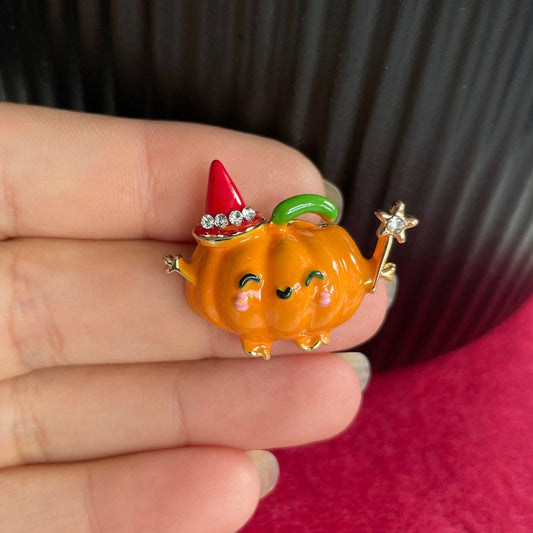 Cute orange enamel pumpkin fairy gold pin brooch • Retro small pumpkin brooch • Elegant nature inspired pumpkin gold brooch • Gift for her