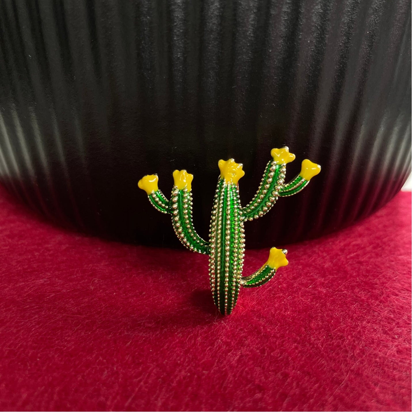 Cute yellow and green cactus gold pin brooch • Retro tiny cactus flower brooch • Playful succulent flower plant brooch • Gift for her