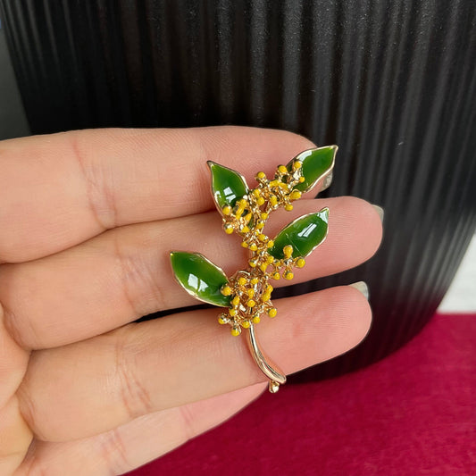 Tree branch yellow flower gold pin brooch • Retro green leaves branch flower brooch • Dainty plant nature inspired pin brooch • Gift for her