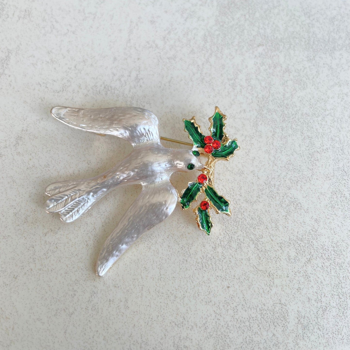 Peace Dove with holly flower pin brooch