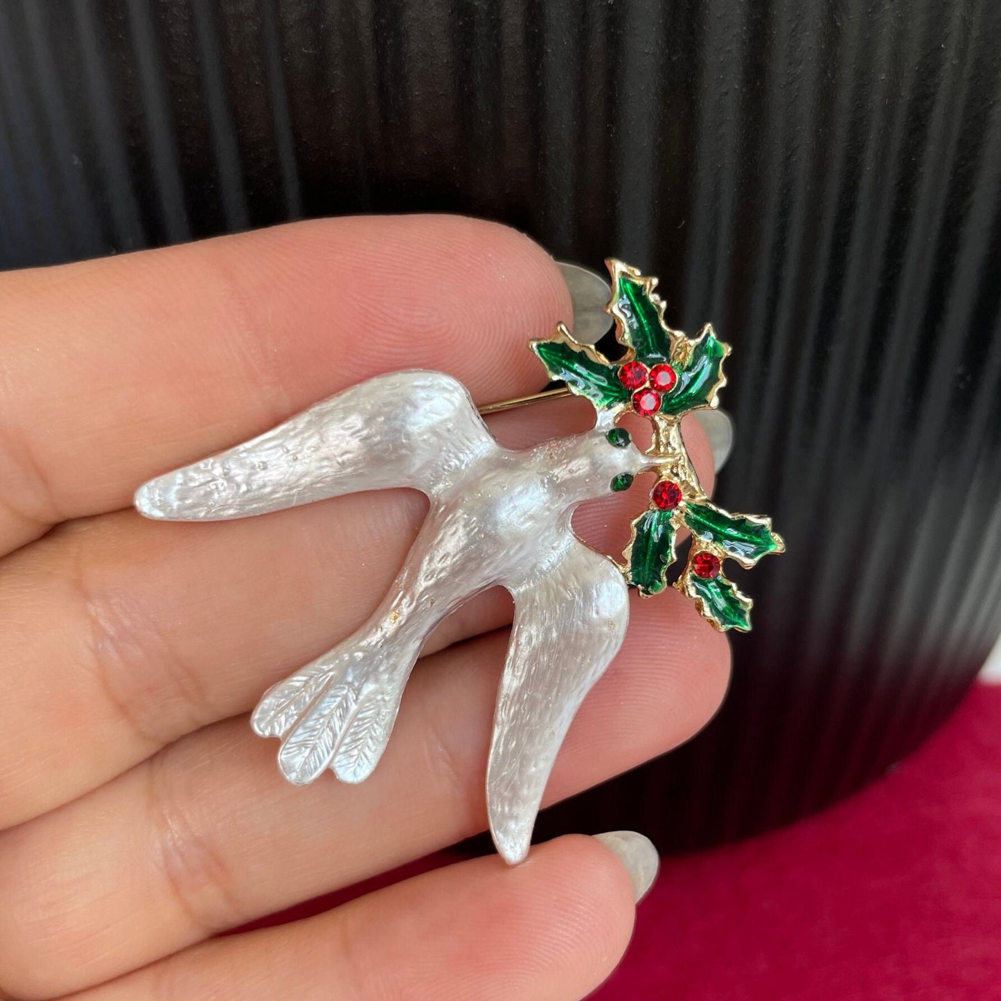 Peace Dove with holly flower pin brooch