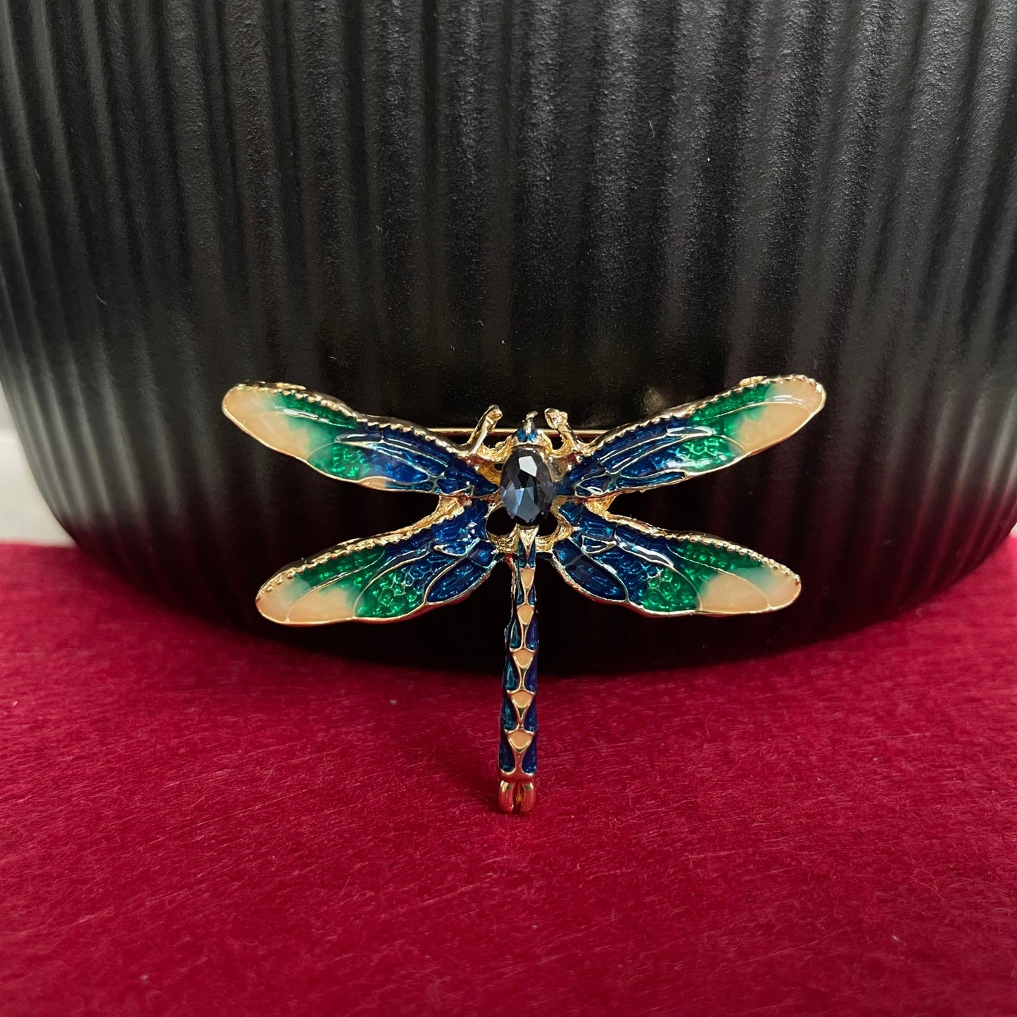 Retro green &blue enamel dragonfly gold pin brooch