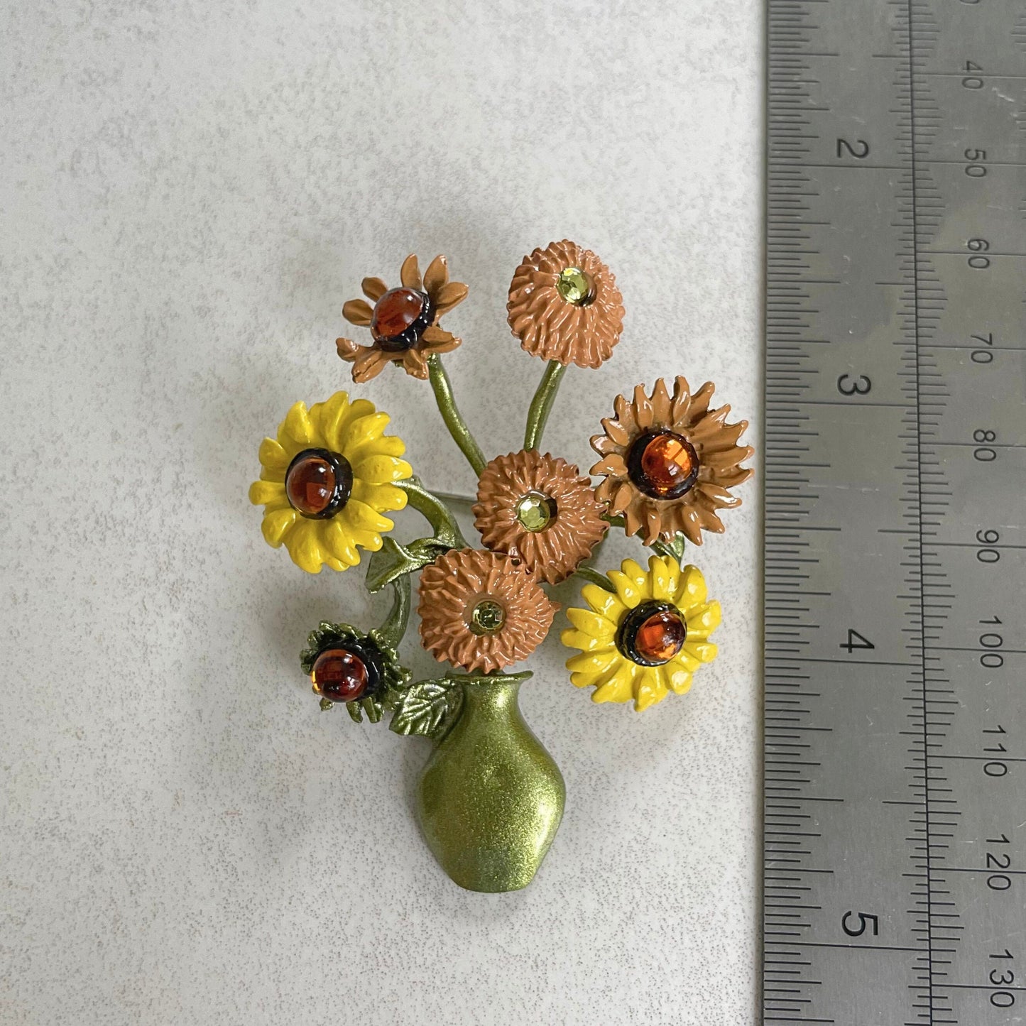 Dainty sunflower flower vase gold pin brooch