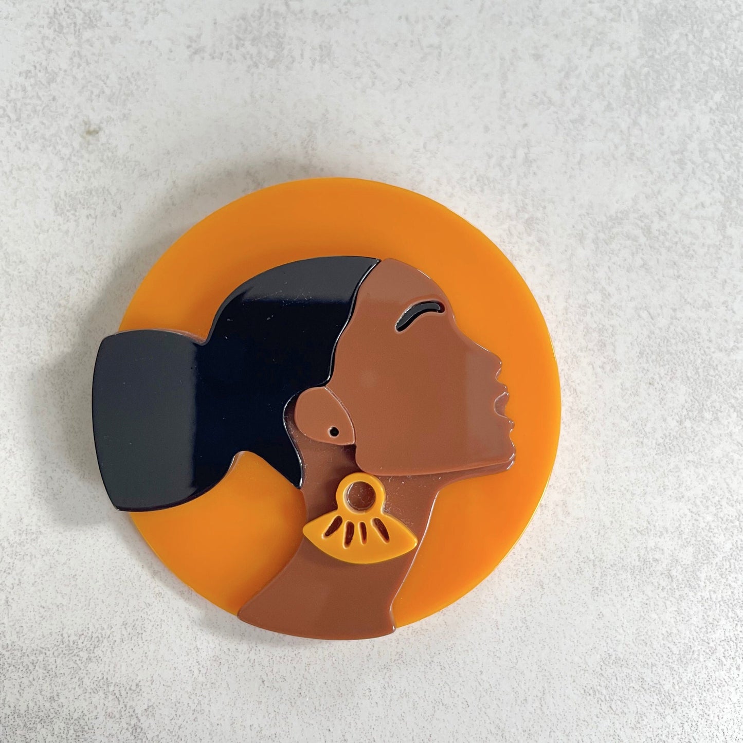 Art Deco African lady orange acrylic pin brooch