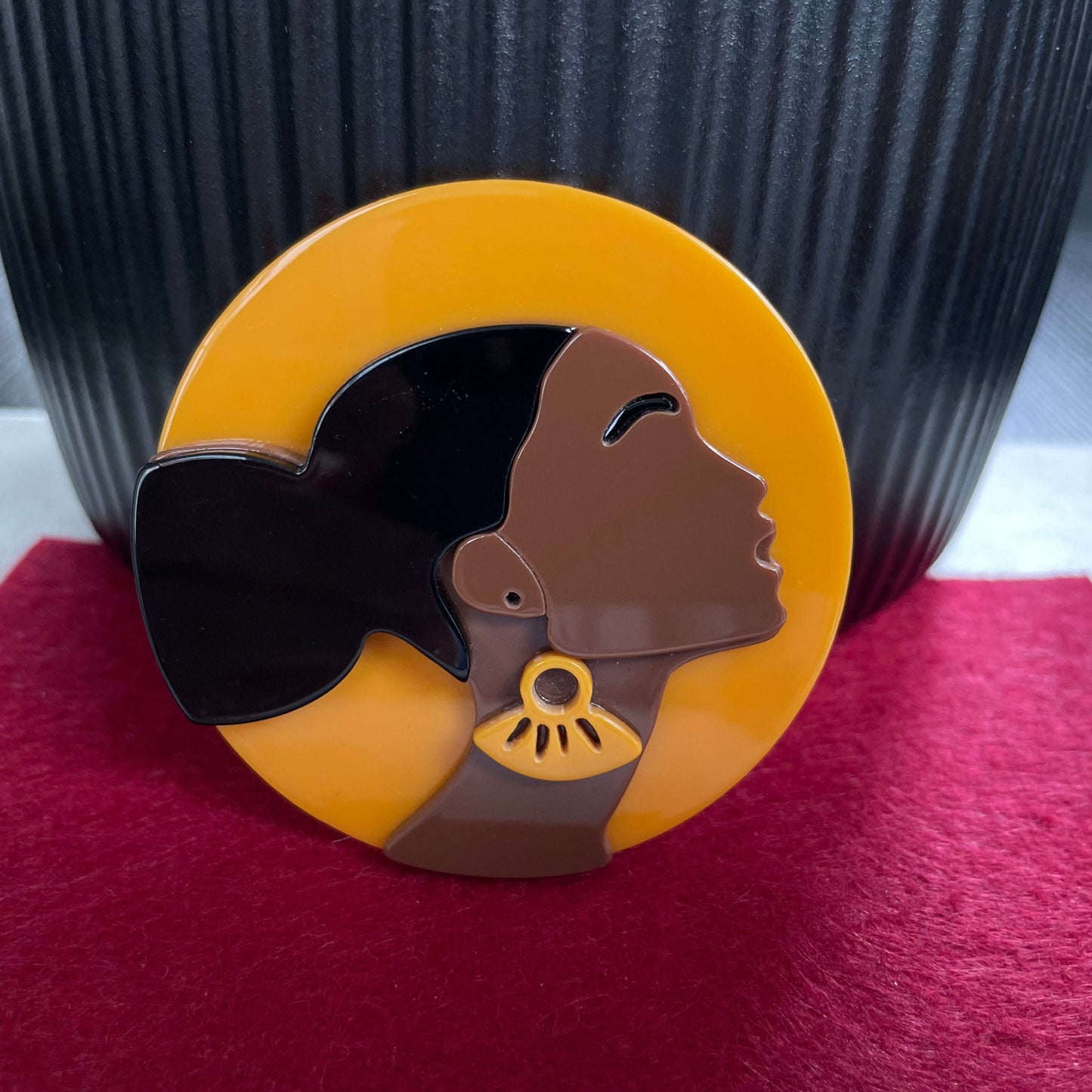 Art Deco African lady orange acrylic pin brooch