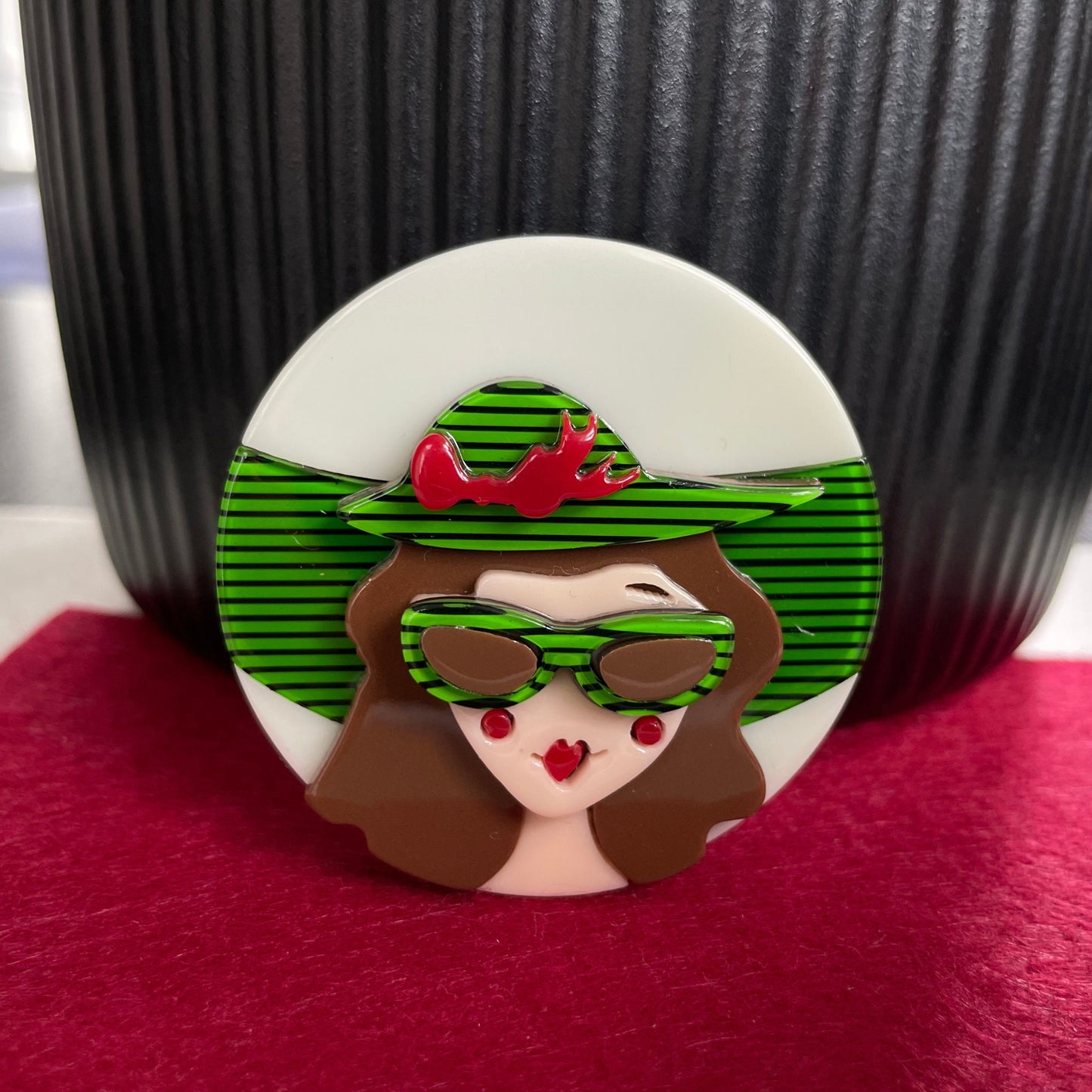 Art Deco lady with green hat acrylic pin brooch