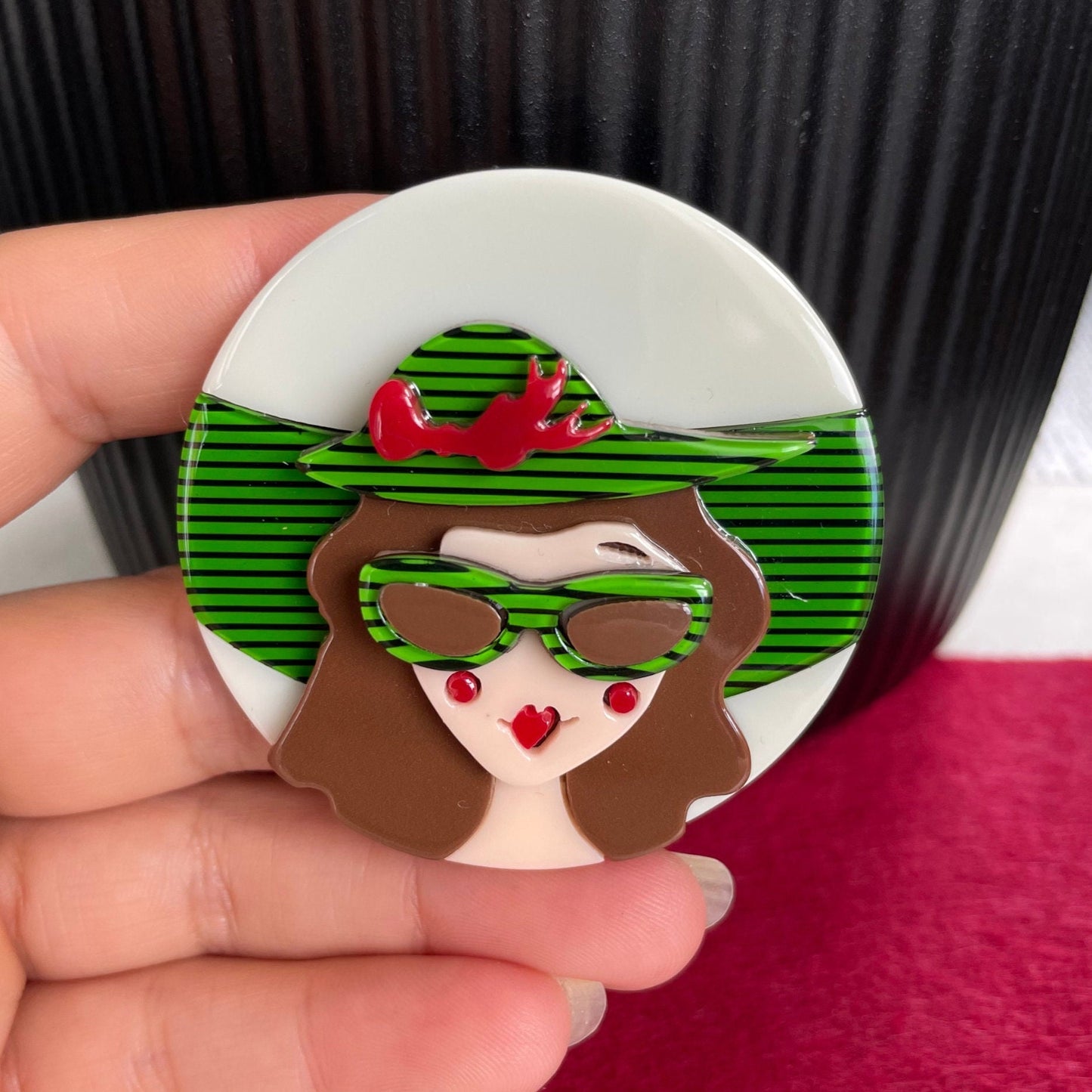 Art Deco lady with green hat acrylic pin brooch