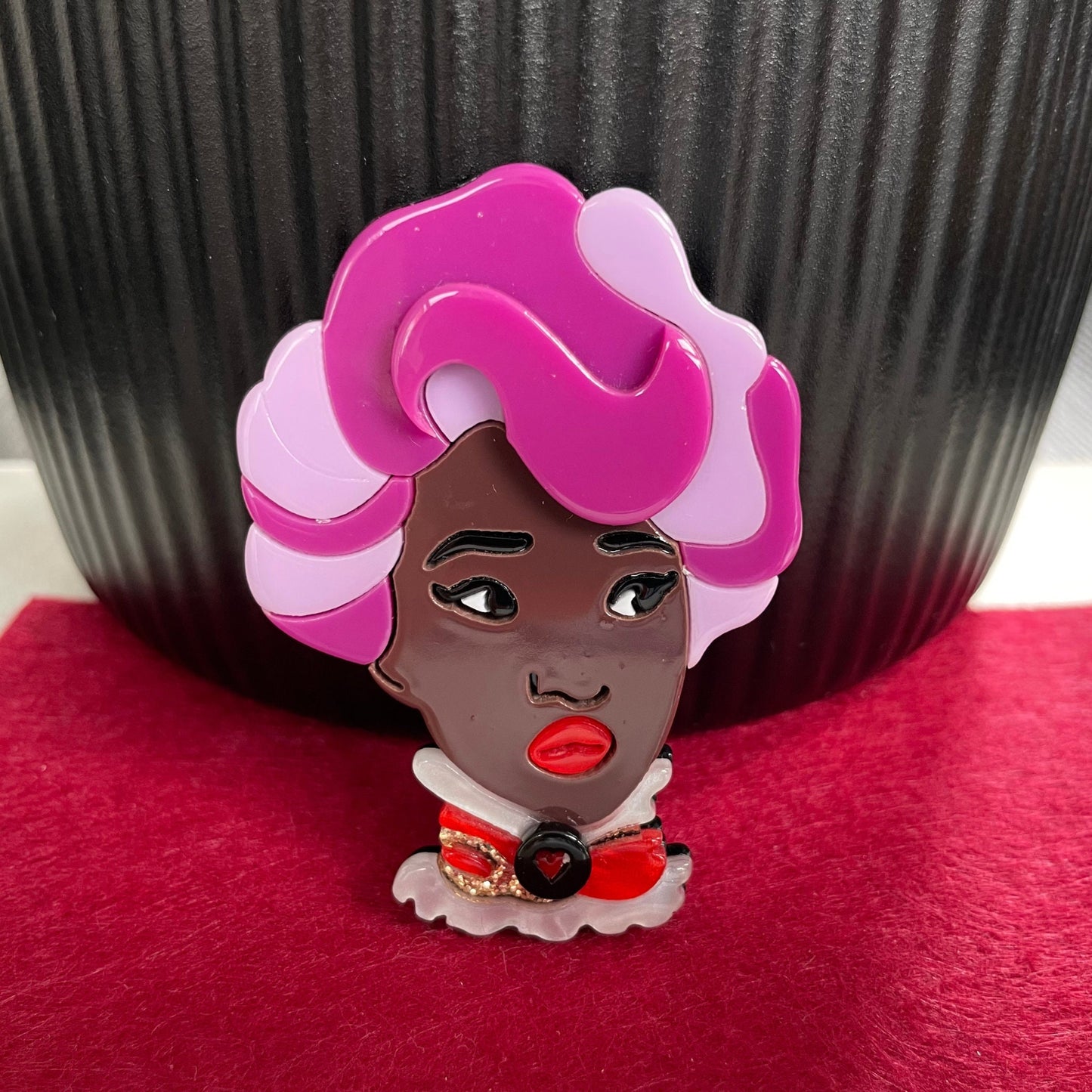 Art Deco African lady purple hair acrylic pin brooch