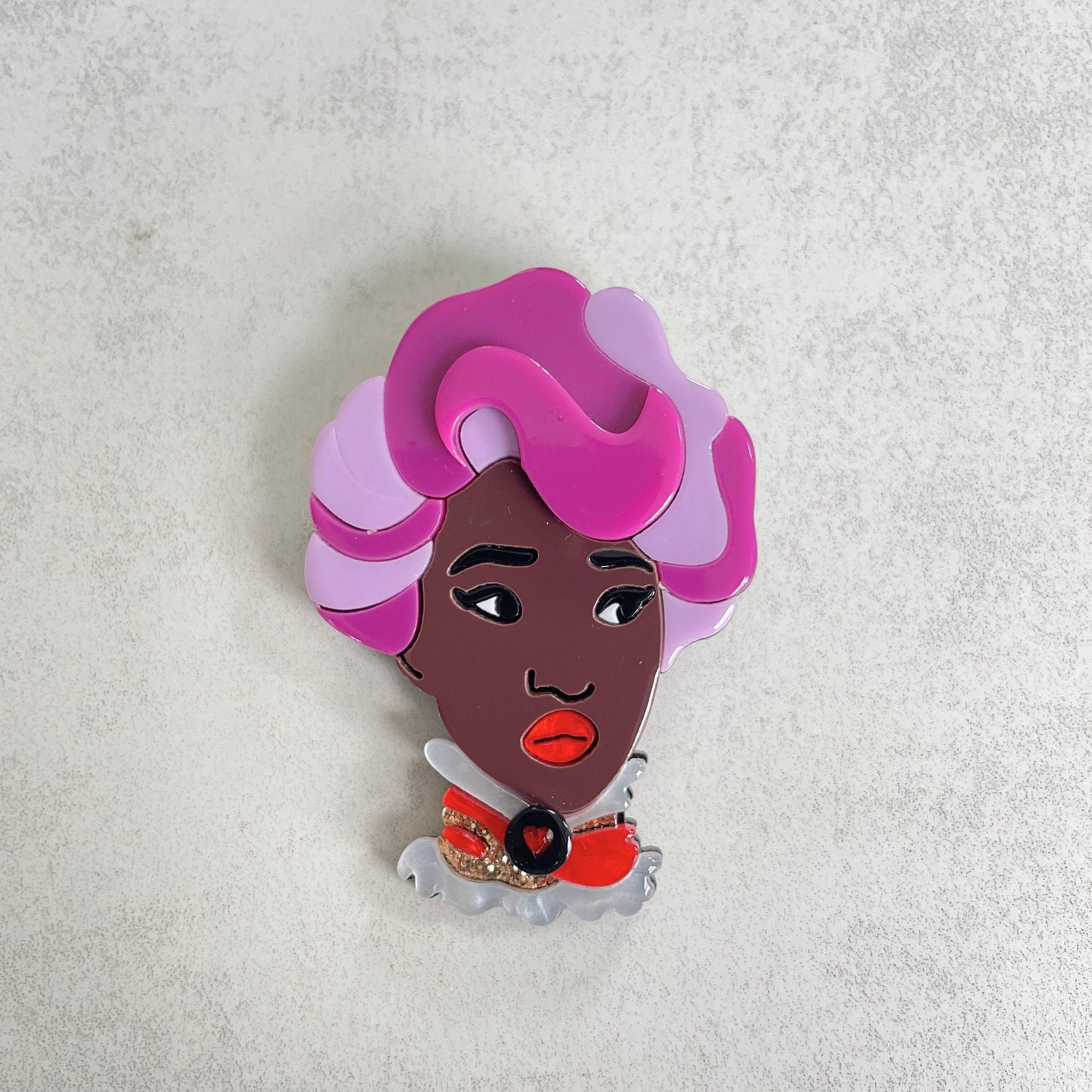 Art Deco African lady purple hair acrylic pin brooch