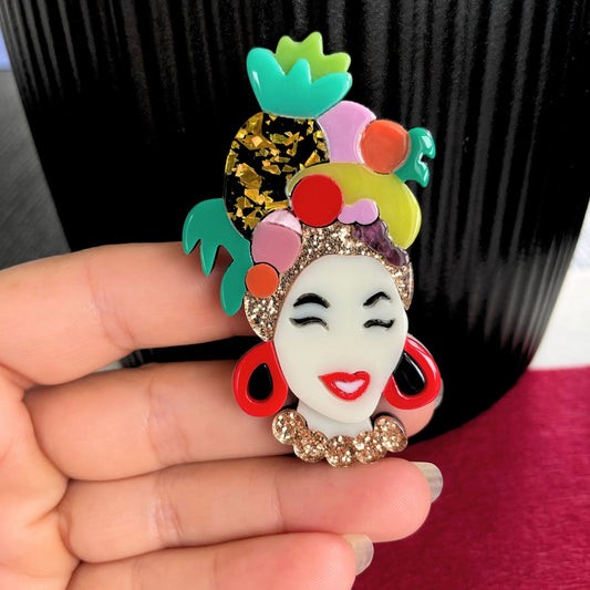 Art Deco African lady multicolour acrylic pin brooch