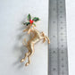 Charming reindeer Holly flower gold pin brooch