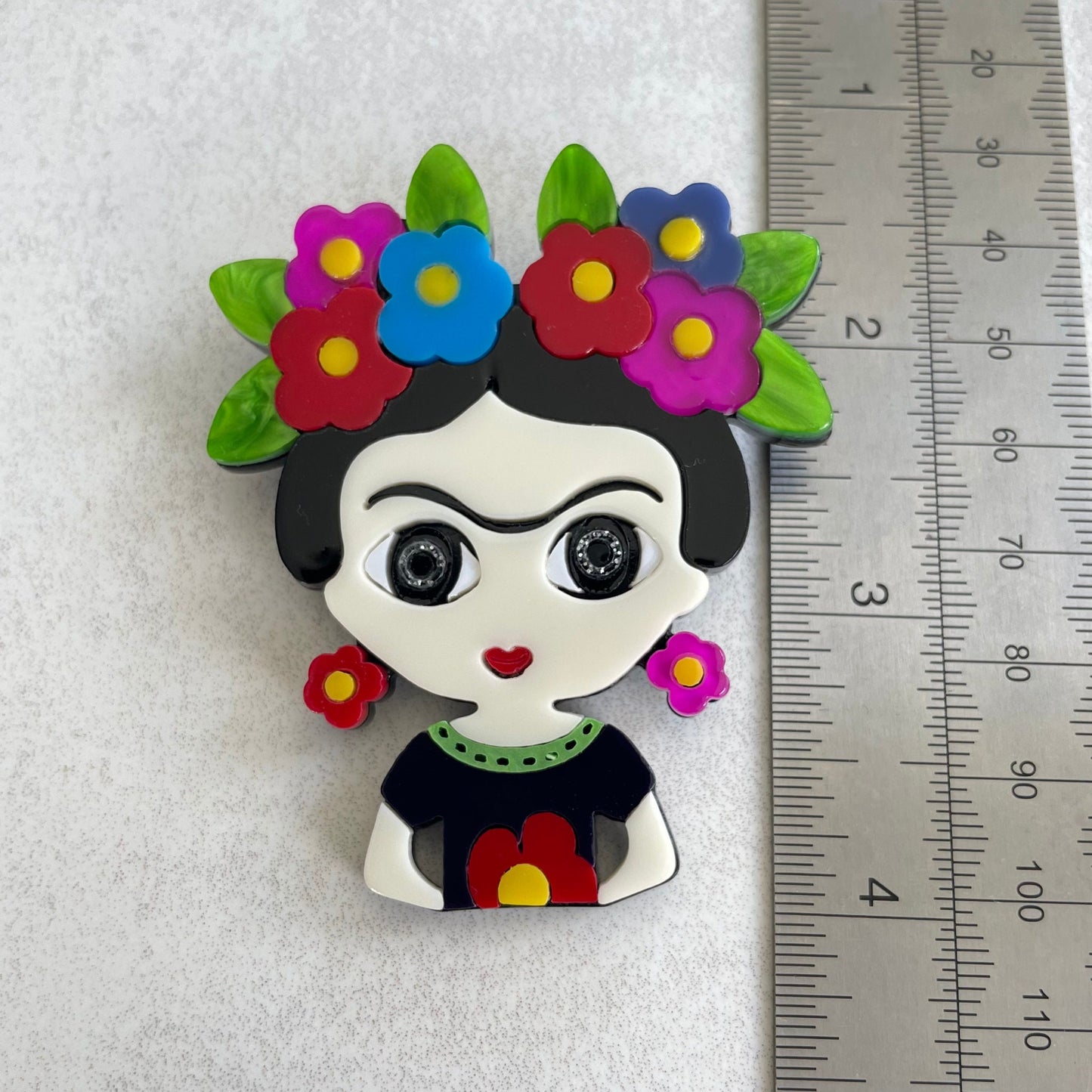 Art Deco lady with colourful daisy flowers acrylic pin brooch