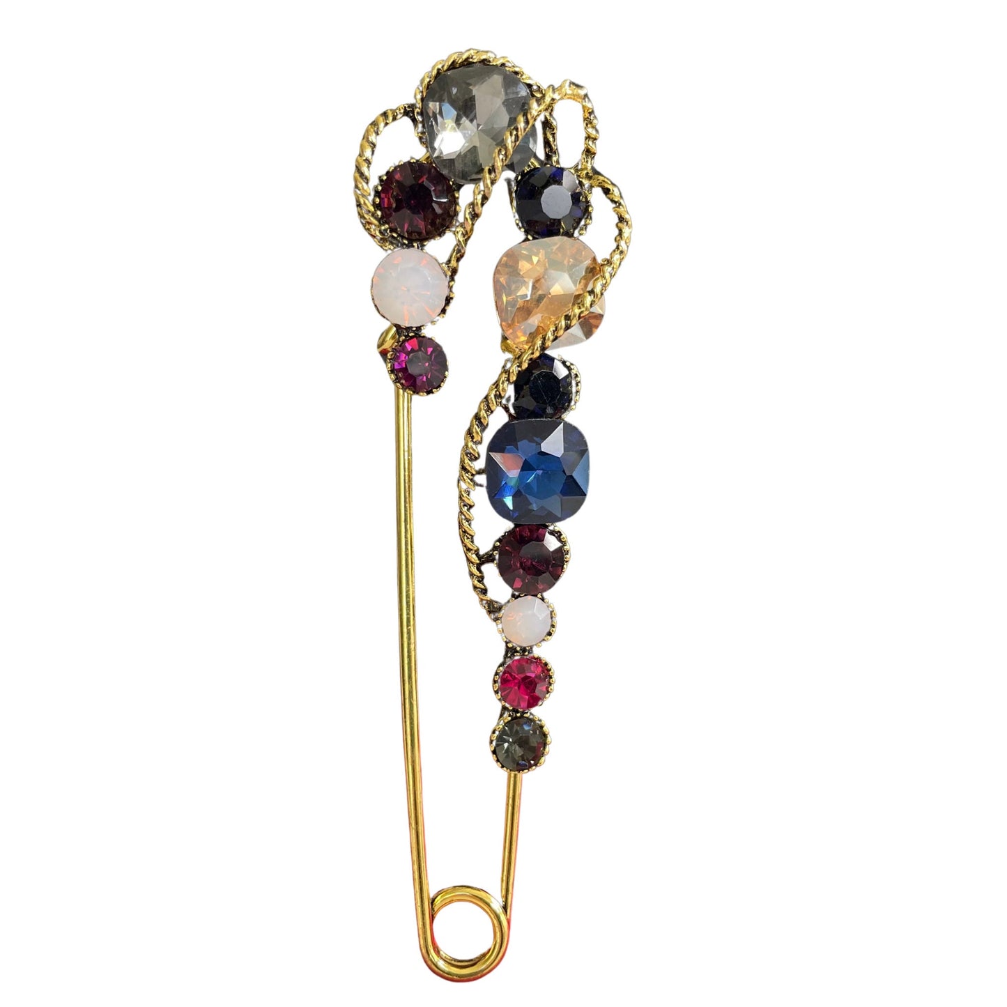 Vintage style blue sapphire safety pin gold brooch