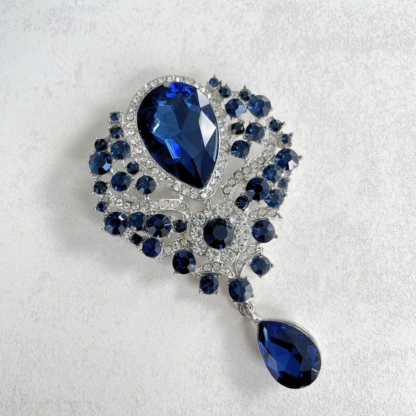 Vintage style large sapphire steampunk flower silver pin brooch