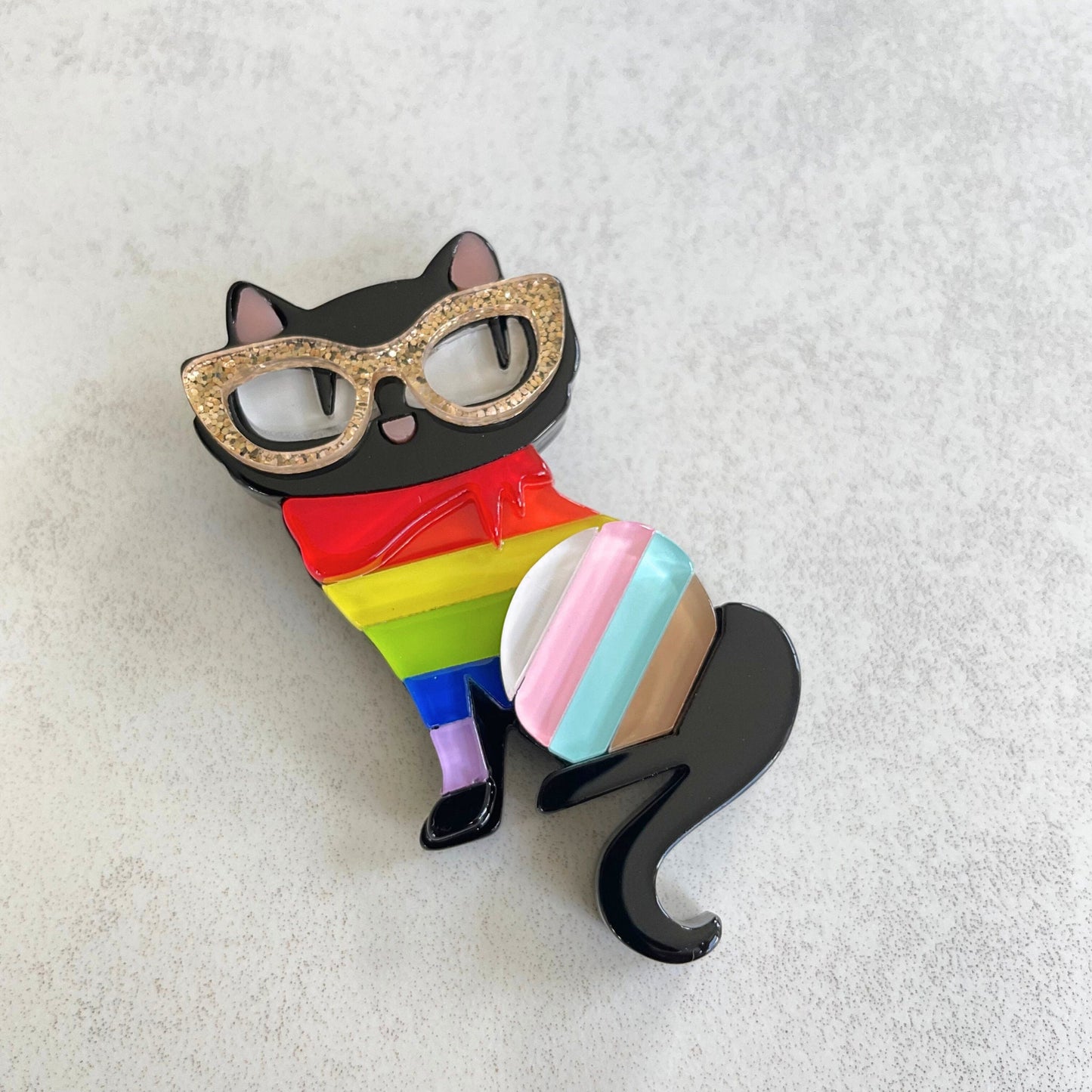 Charming little black cat rainbow acrylic pin brooch