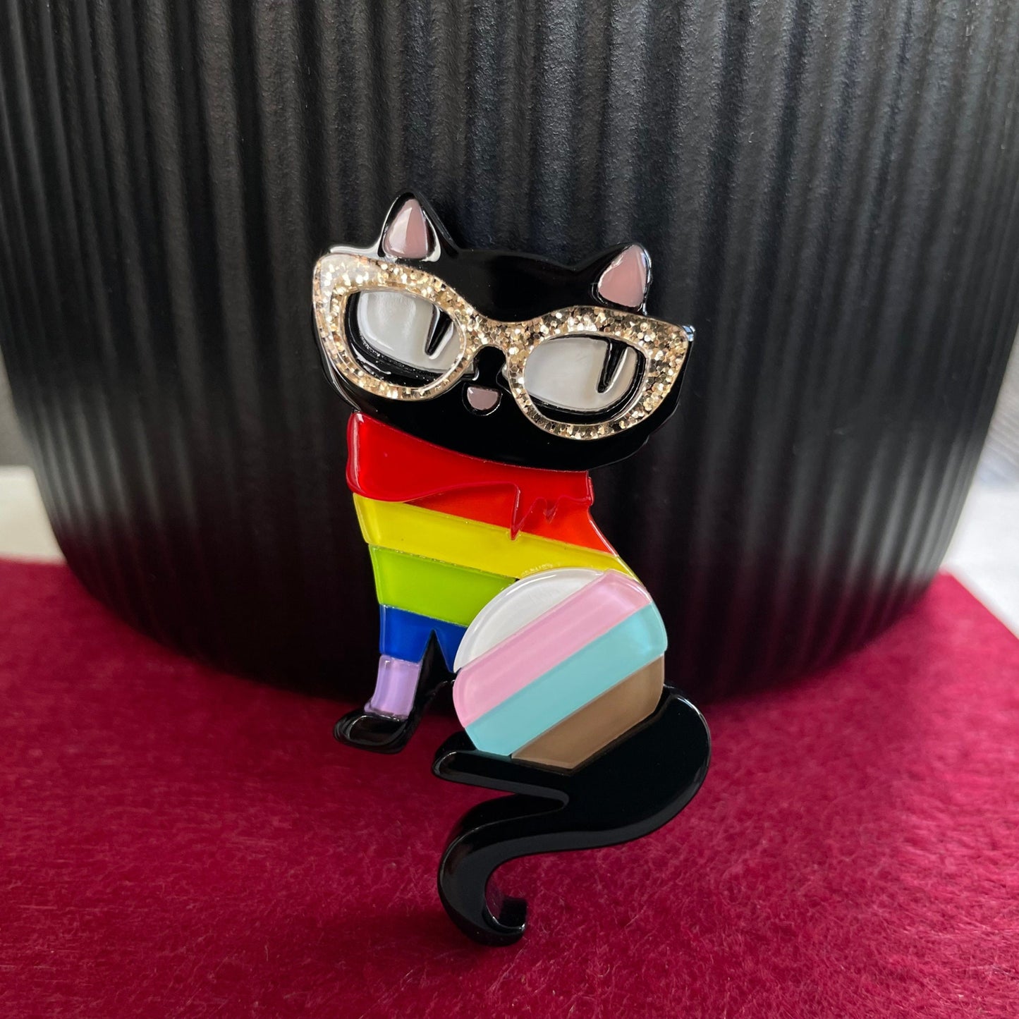 Charming little black cat rainbow acrylic pin brooch