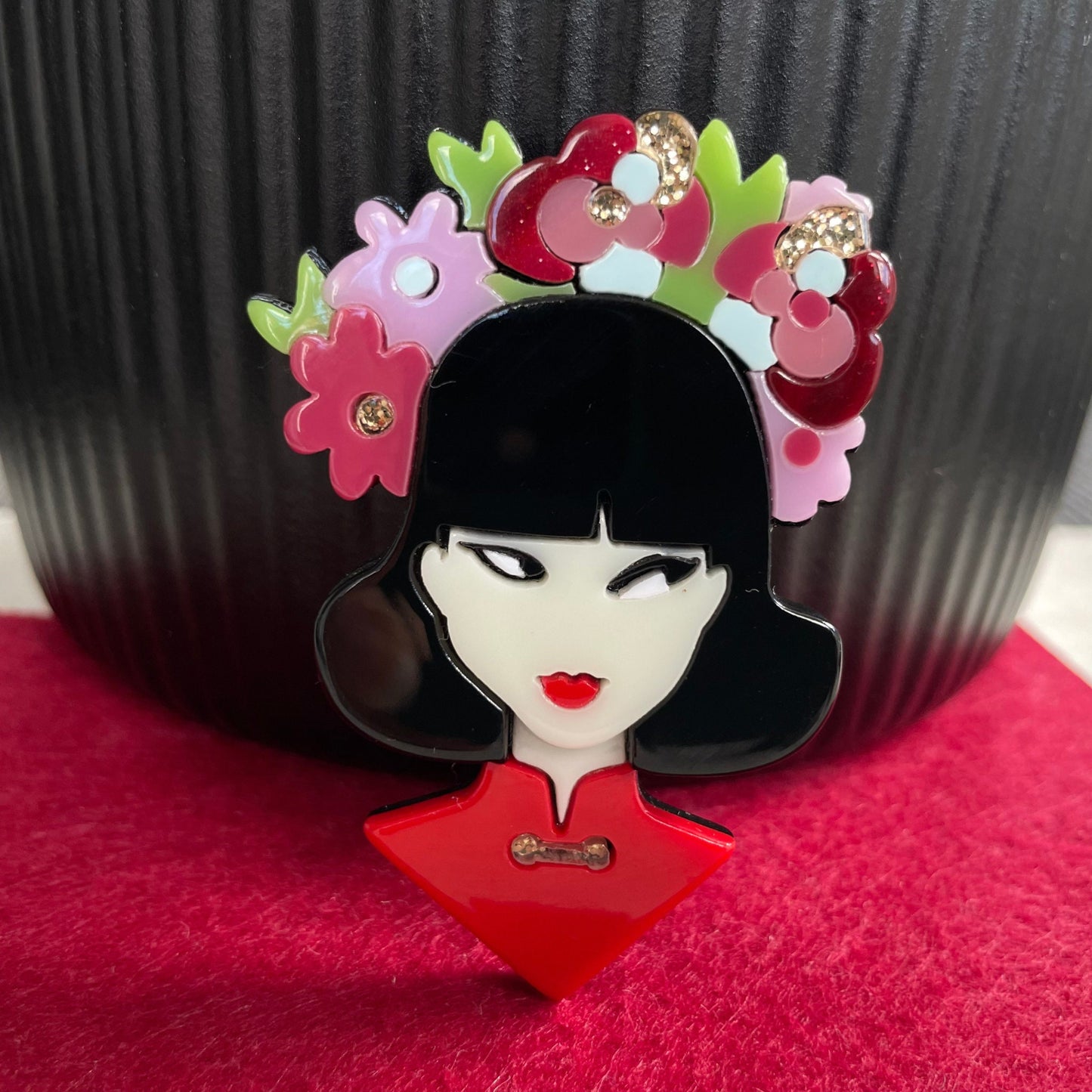 Art Deco lady with colourful flowers acrylic pin brooch