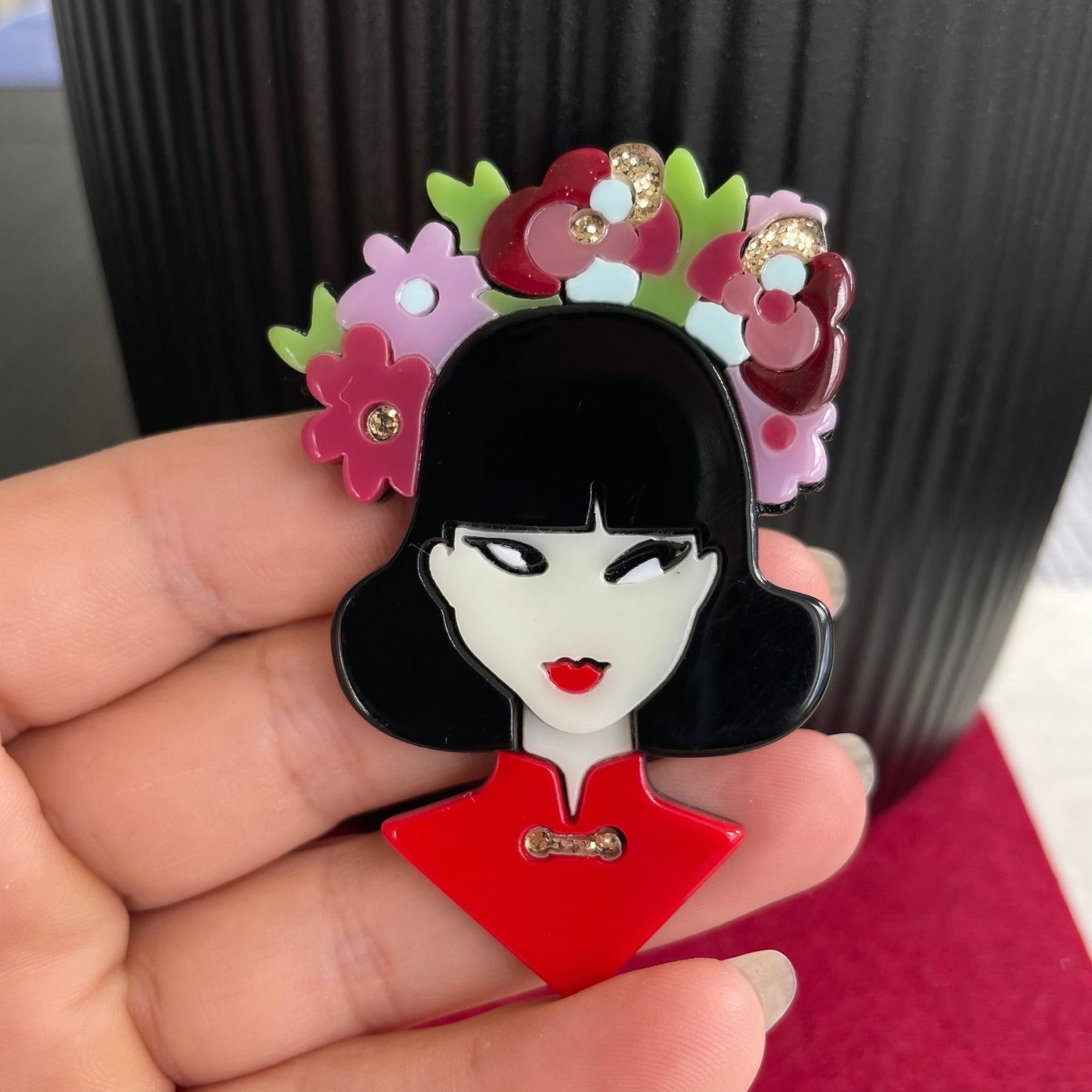 Art Deco lady with colourful flowers acrylic pin brooch