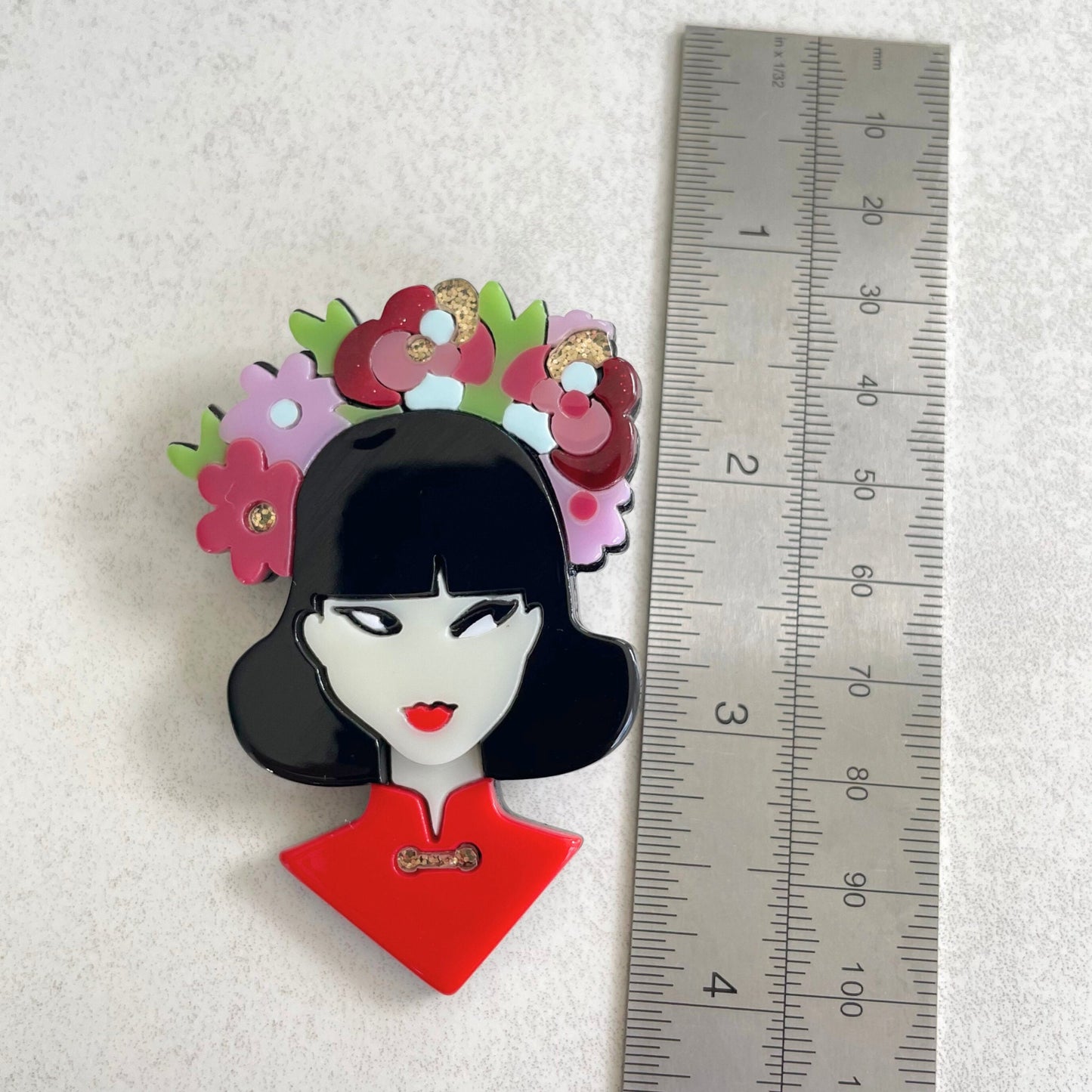 Art Deco lady with colourful flowers acrylic pin brooch