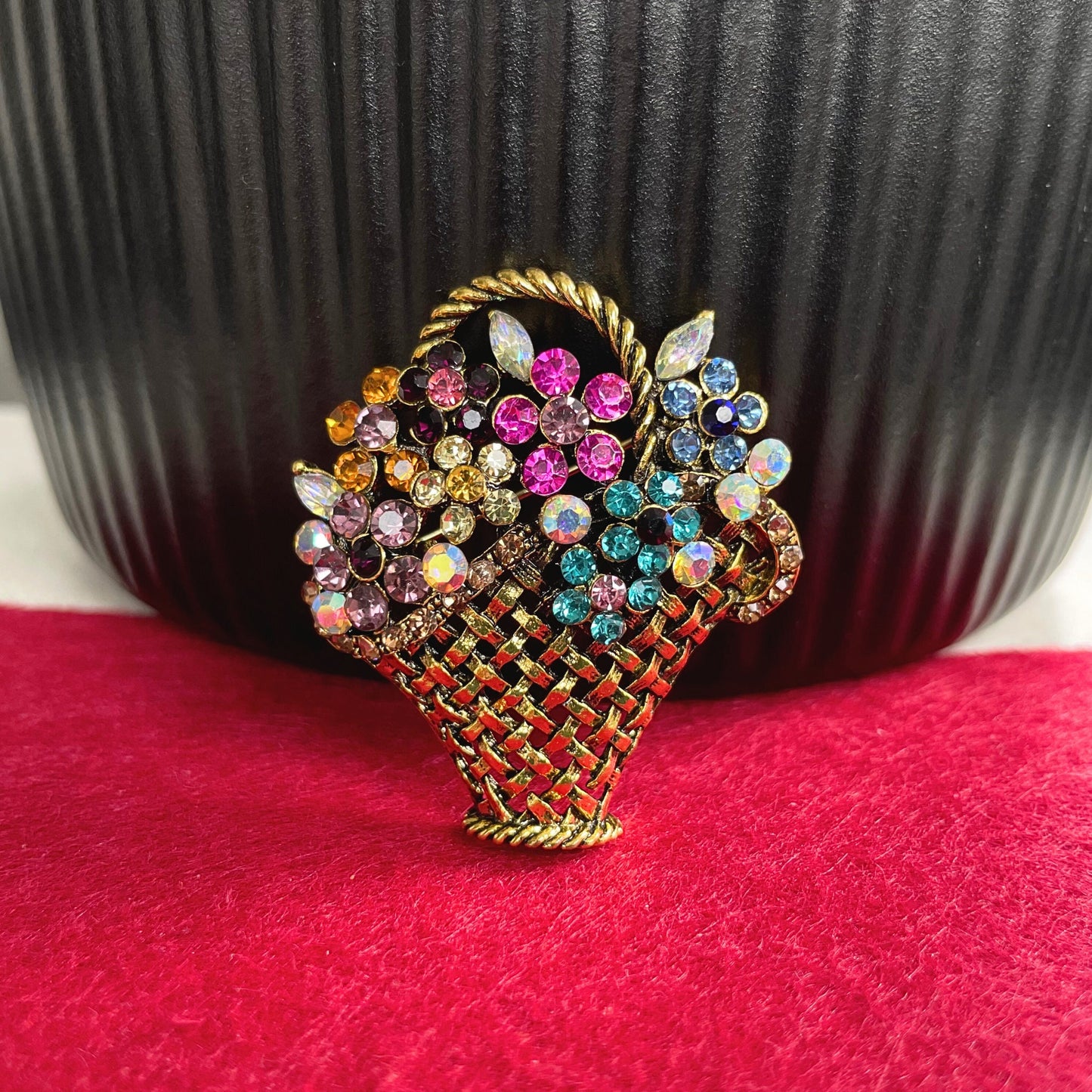 Vintage style multicoloured rhinestone flowers basket gold pin brooch