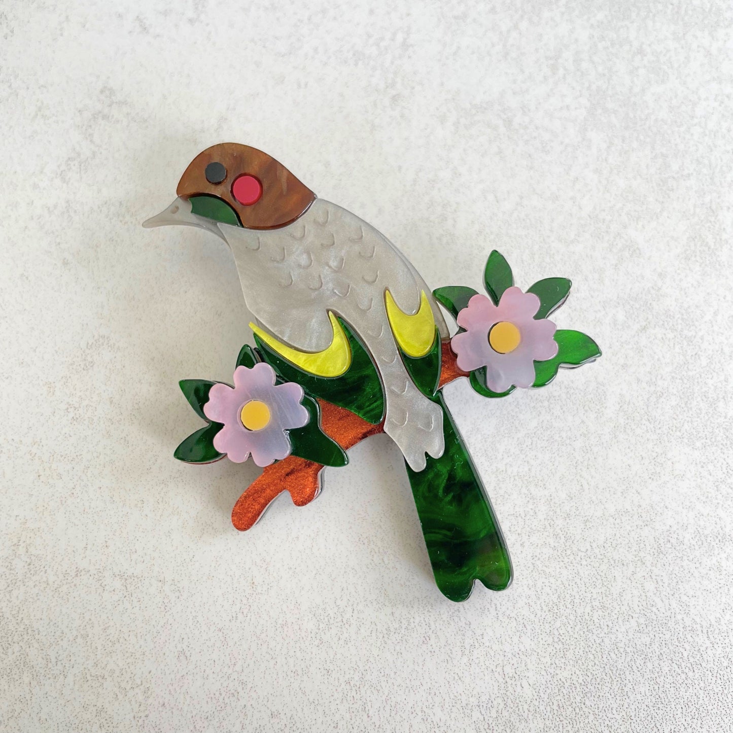 Art Deco cherry blossom bird acrylic pin brooch