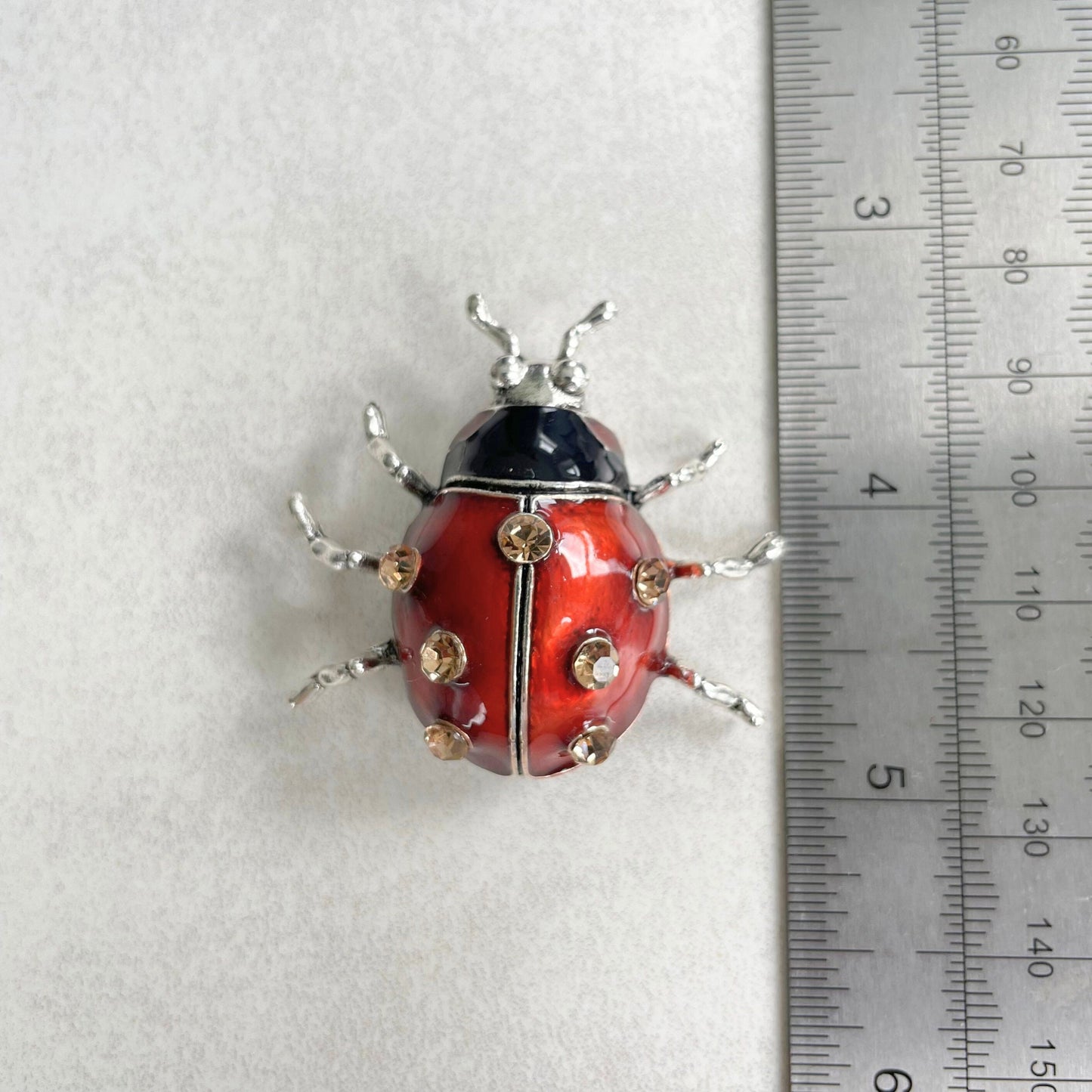 Charming red enamel crystal ladybug silver pin brooch