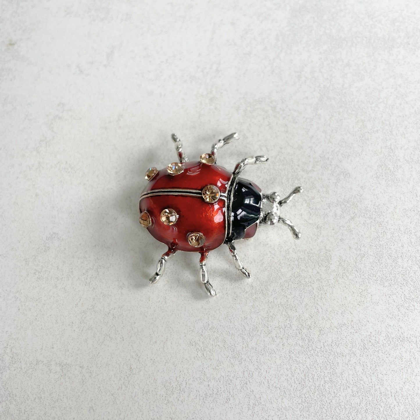 Charming red enamel crystal ladybug silver pin brooch