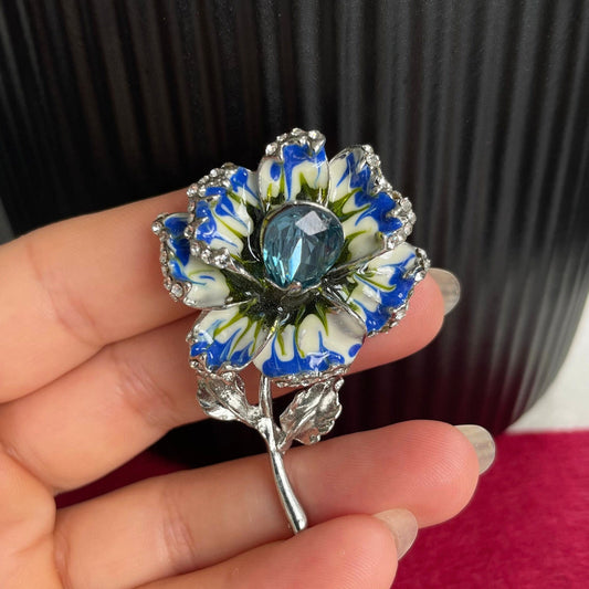 Delicate blue crystal flower silver pin brooch