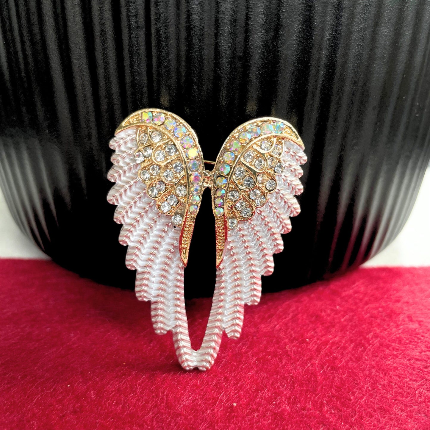 Delicate white enamel angel wings gold pin brooch