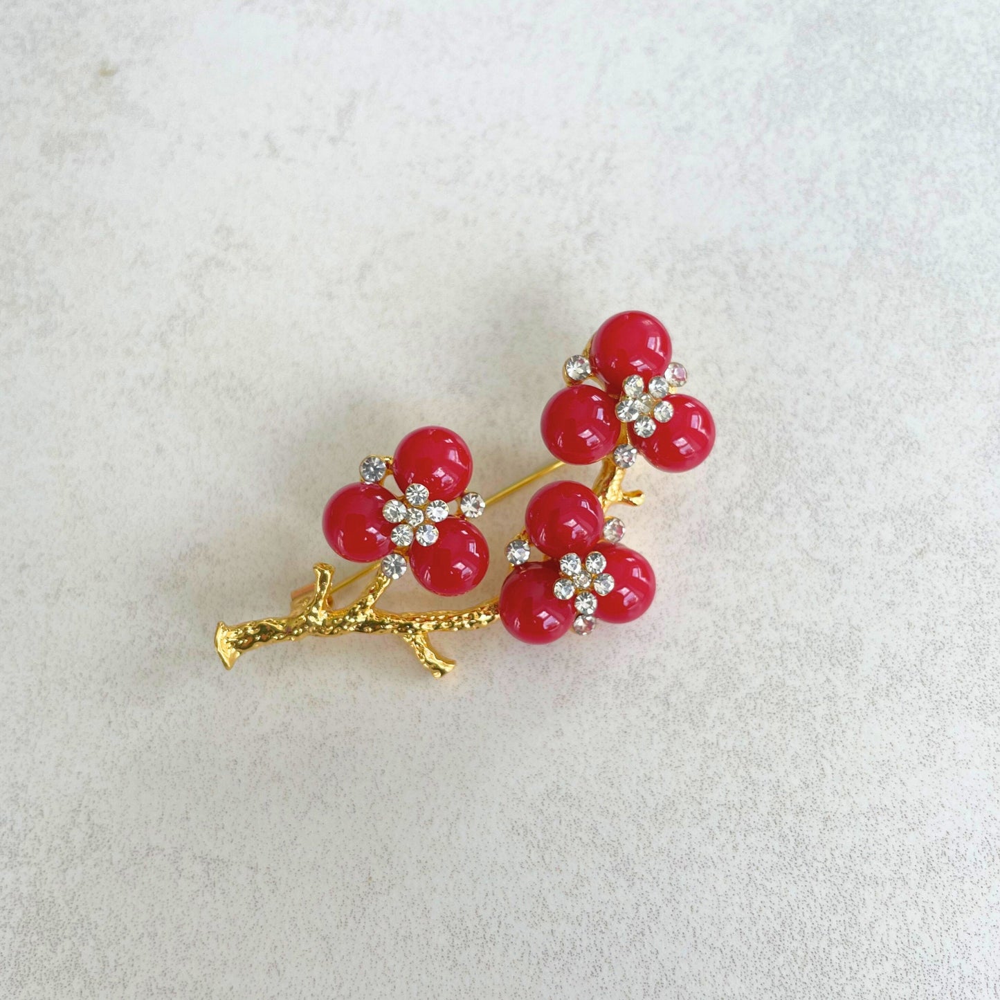 Charming red flower tree branch gold pin brooch