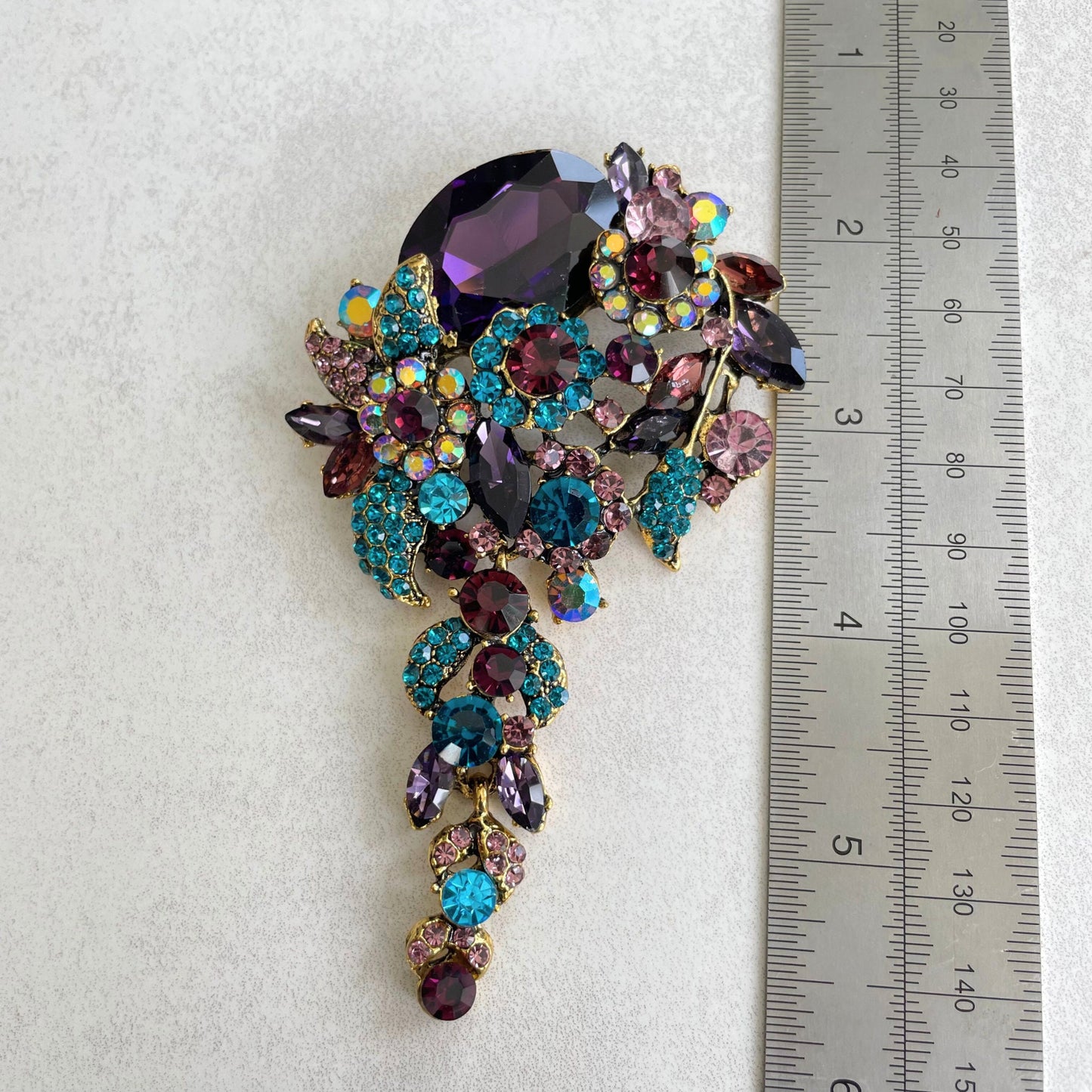 Vintage style large purple steampunk flower gold pin brooch