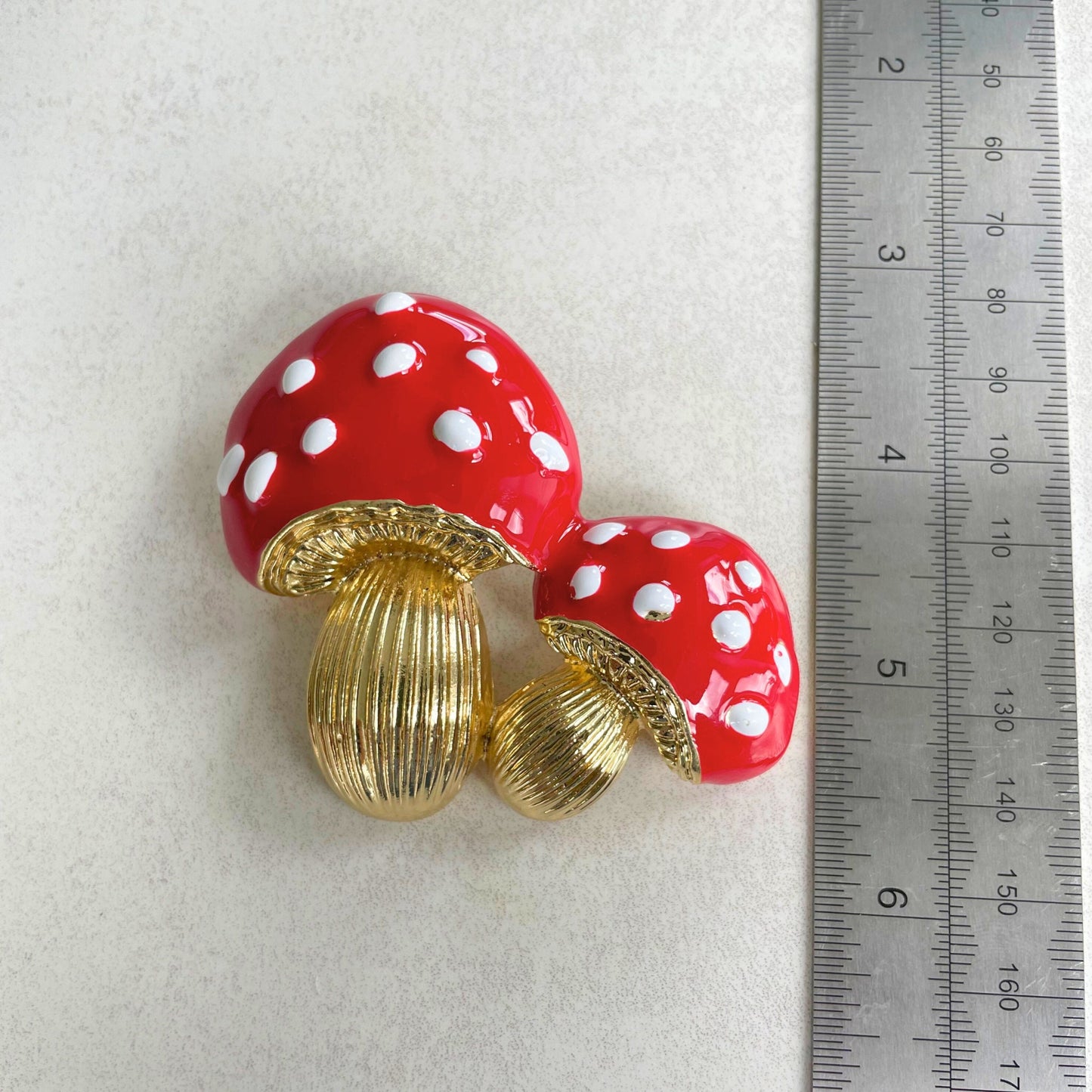 Vintage style large red enamel mushrooms gold pin brooch