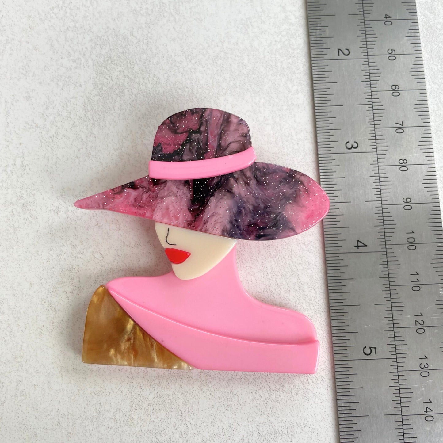 Art Deco classy pink lady with hat acrylic pin brooch