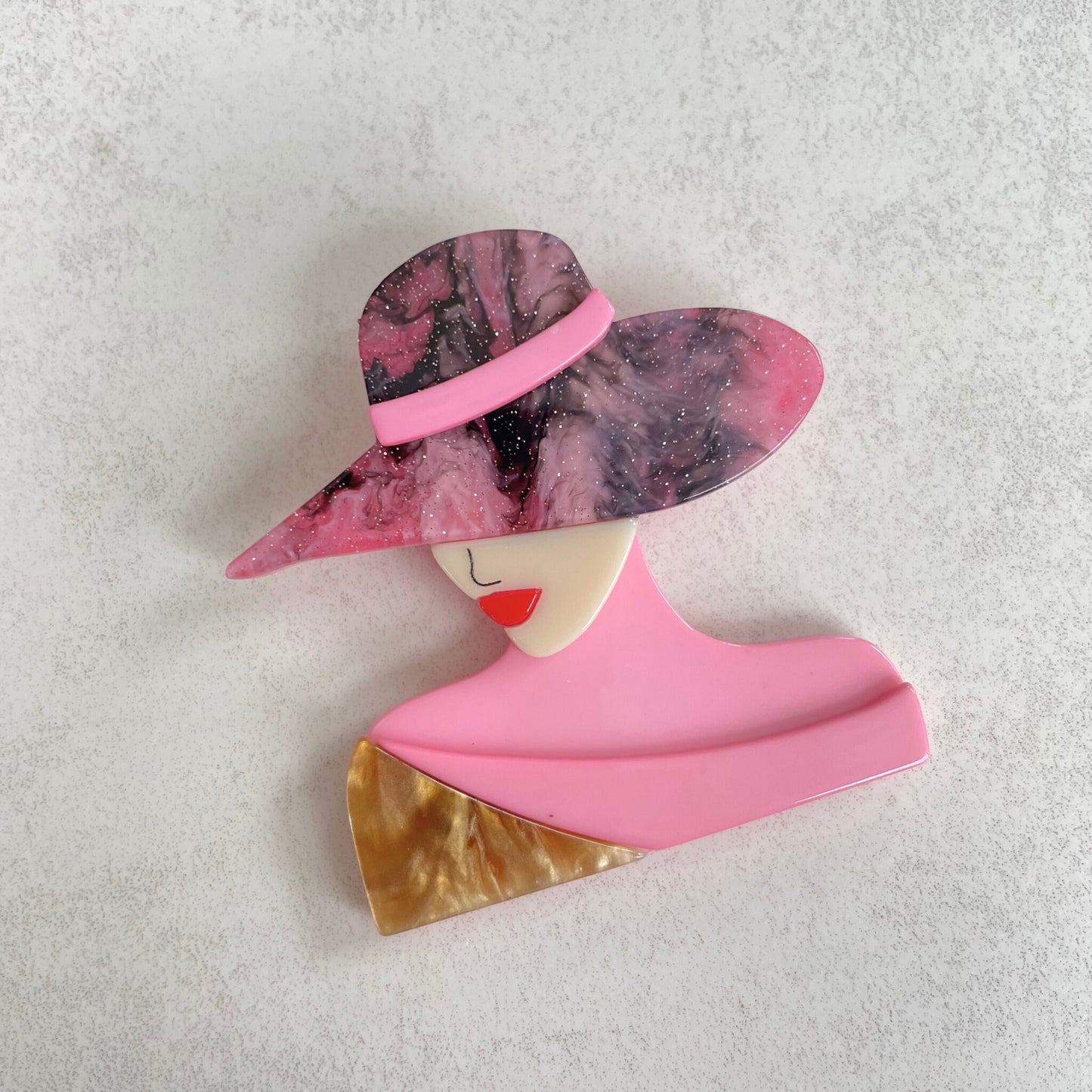 Art Deco classy pink lady with hat acrylic pin brooch