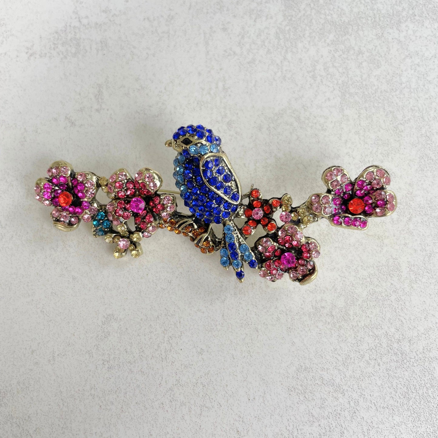 Vintage style pink flowers tree branch blue bird gold pin brooch