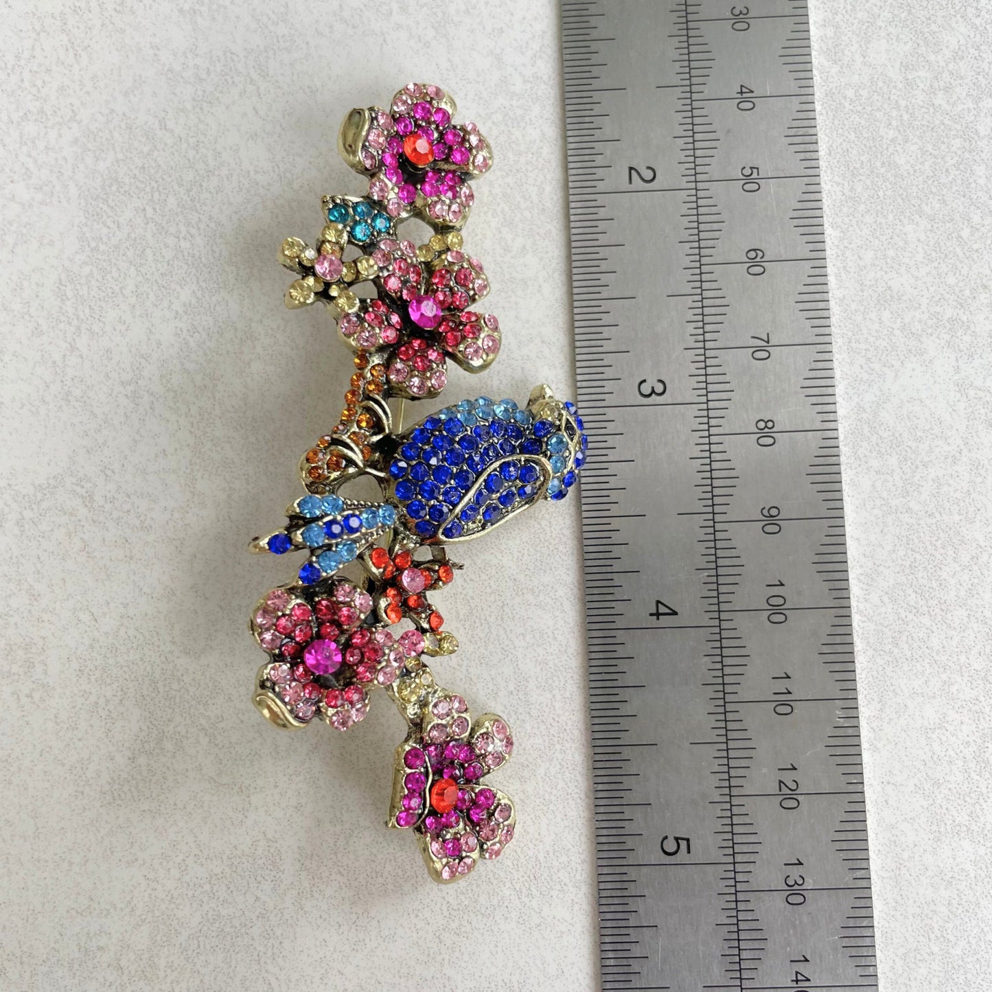 Vintage style pink flowers tree branch blue bird gold pin brooch